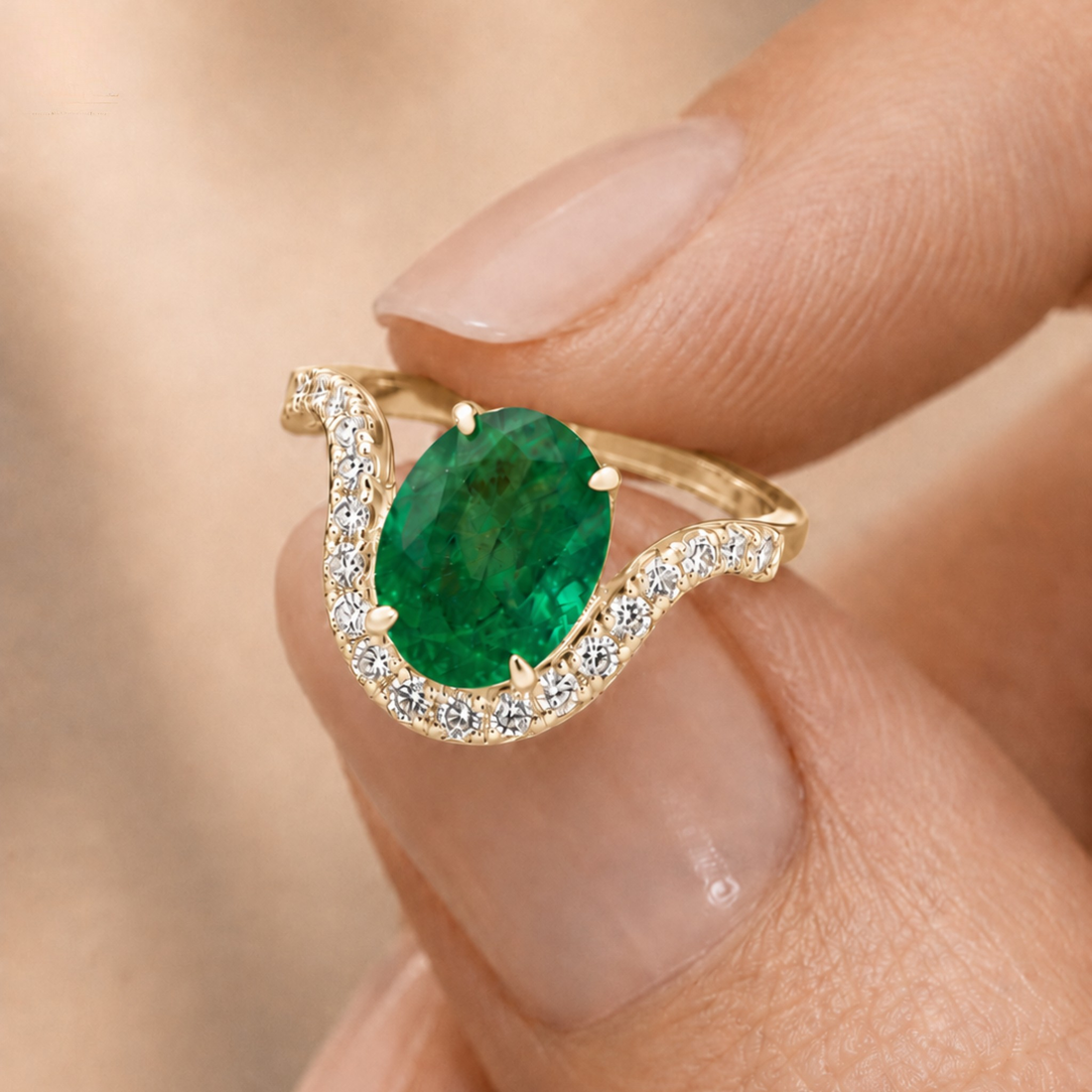 A close-up of a gold ring with a large oval green emerald center stone and a curved halo of small clear stones, shown being worn on a finger.