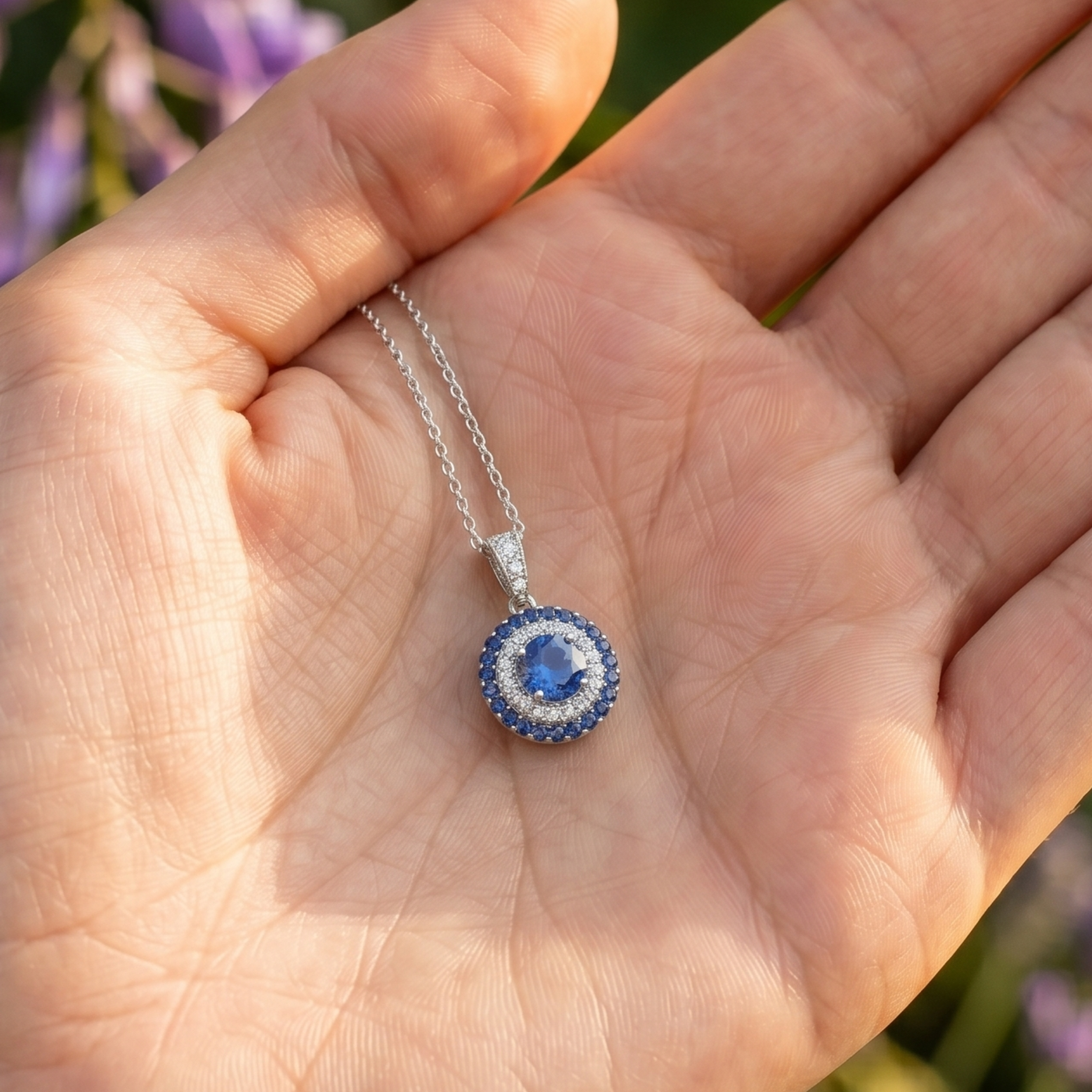 Royal Azure 1.30 CT Blue Stone & Diamond Halo Necklace in 9K, 14K & 18K Gold