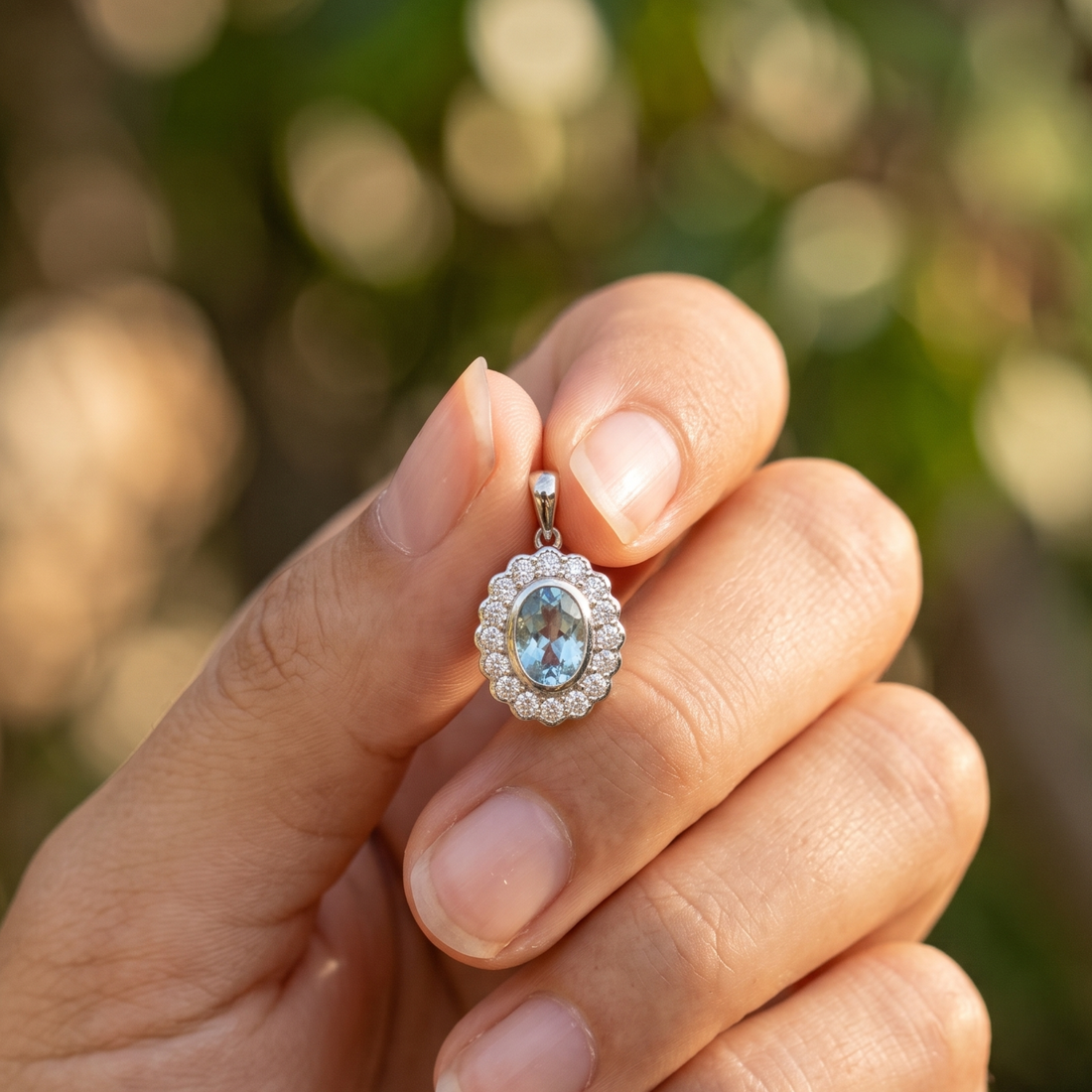 Azure Bloom 1.24 CTW Oval Blue Gemstone Halo Pendant Necklace in 9K, 14K & 18K Gold