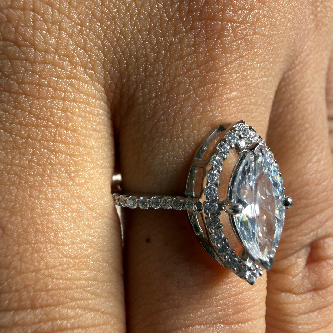 Marquise halo lab-grown diamond engagement ring in white gold by Kiashaa Jewellery.