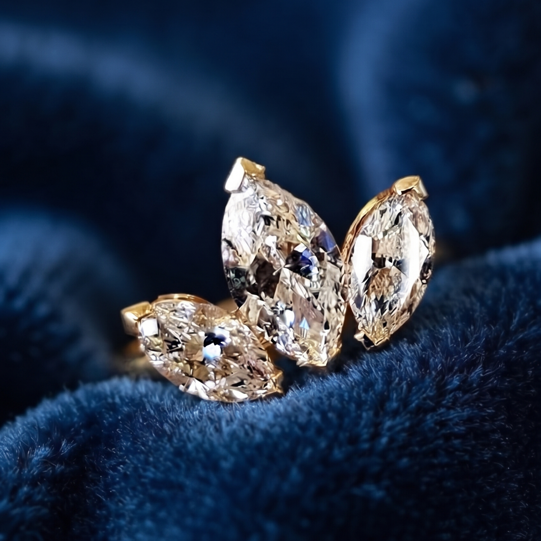 A gold ring featuring three marquise-cut clear gemstones in a clustered arrangement, resting on a dark navy blue velvet surface.