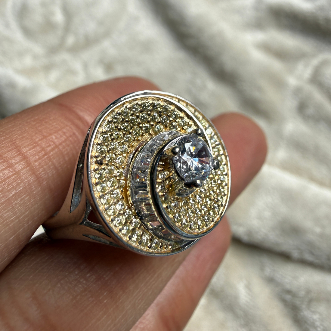 Round and baguette lab-grown diamond swirl statement ring by Kiashaa Jewellery.