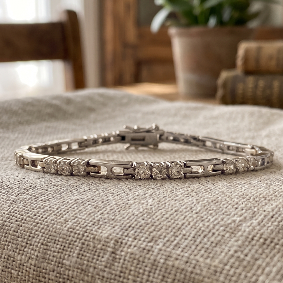 A silver tennis bracelet with clear gemstones set in a rustic indoor setting on a beige linen cloth.