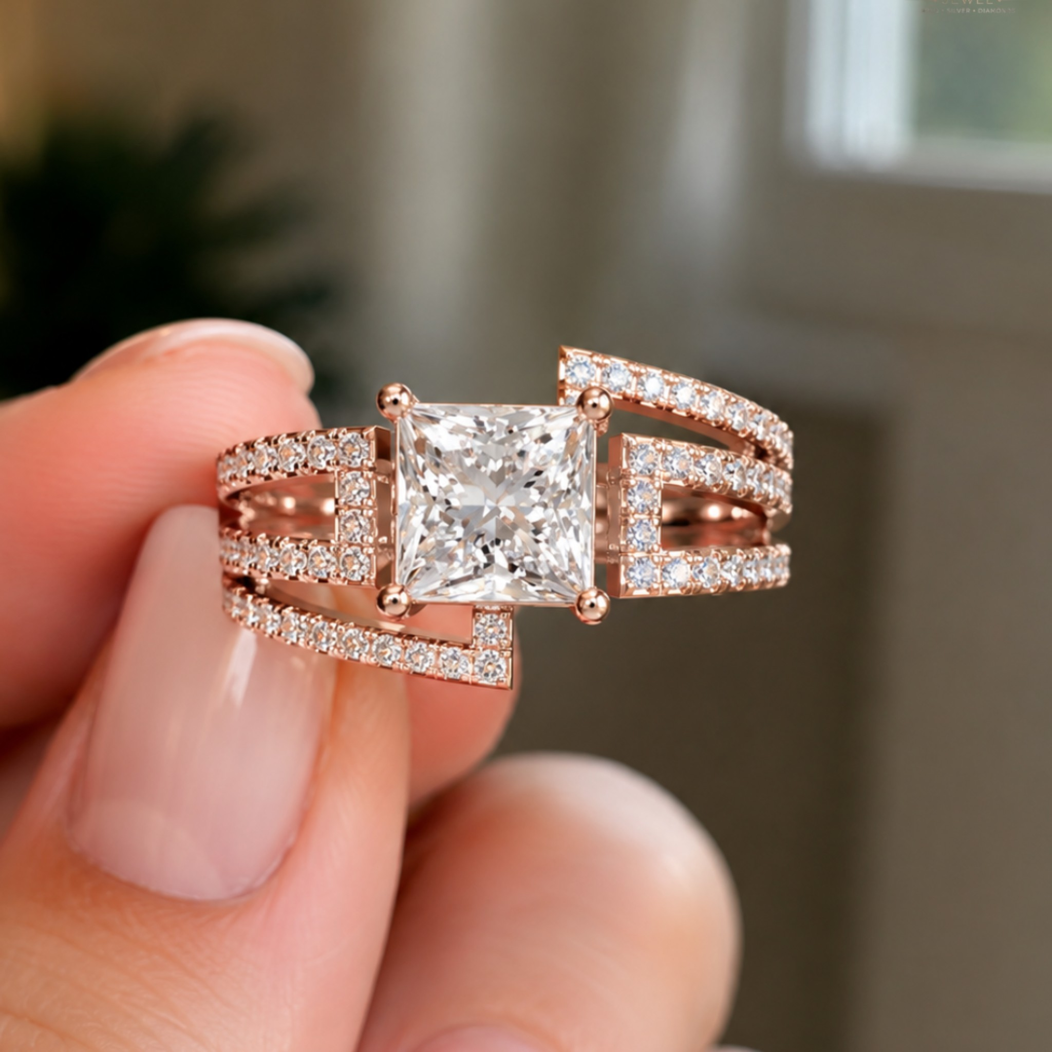 A close-up of a rose gold ring with a princess-cut diamond center stone and pavé-set side details, held between fingers against a softly blurred indoor background.