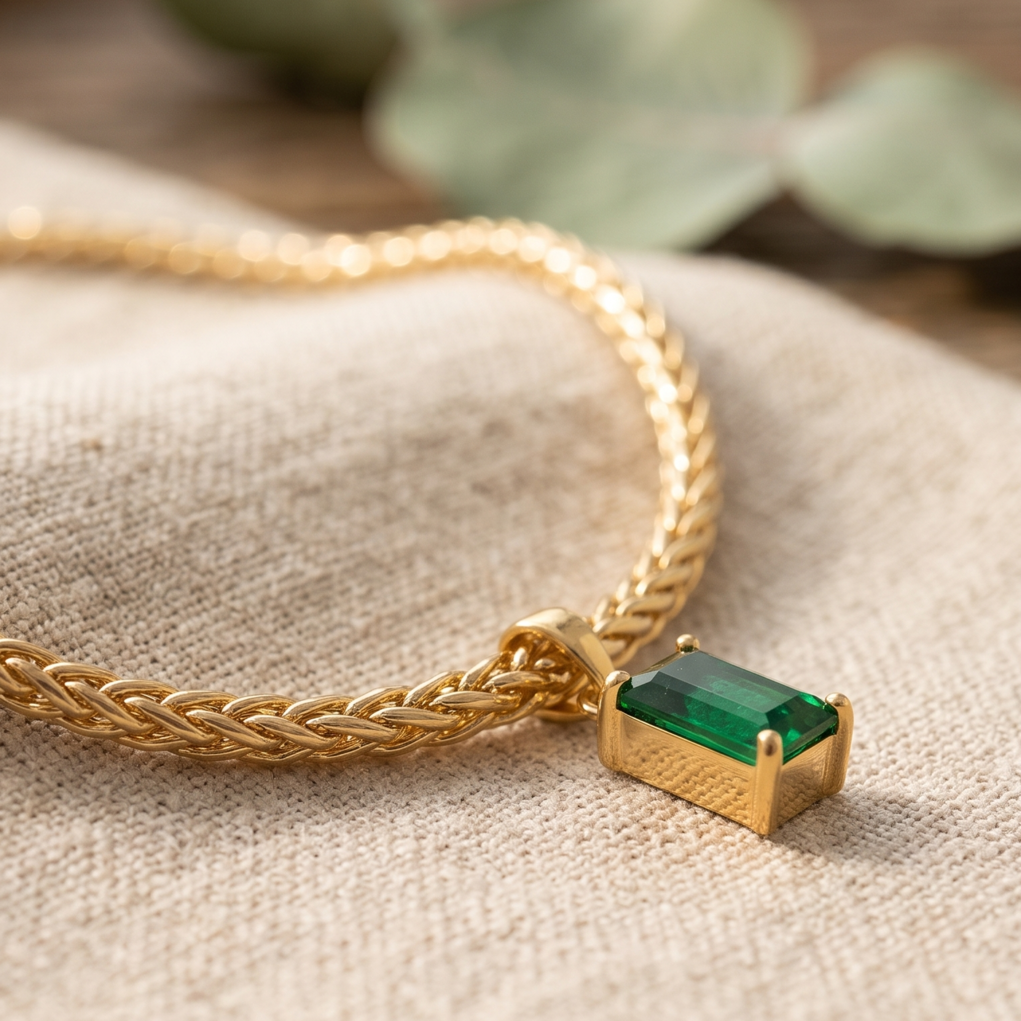 1.98 CT green emerald-cut pendant necklace in polished yellow gold.
