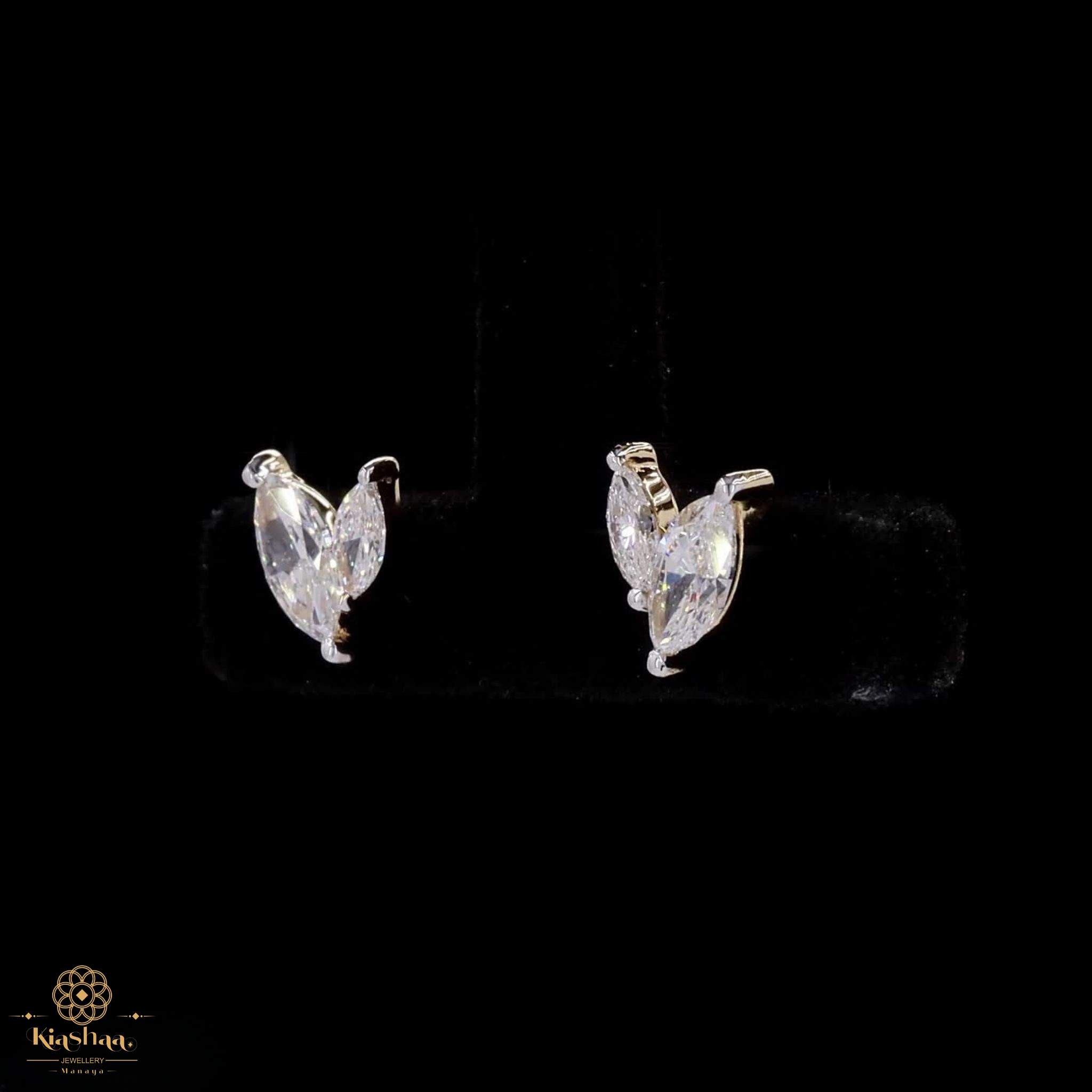 Two-Marquise Diamond Leaf Stud Earrings in 9K, 14K & 18K Gold