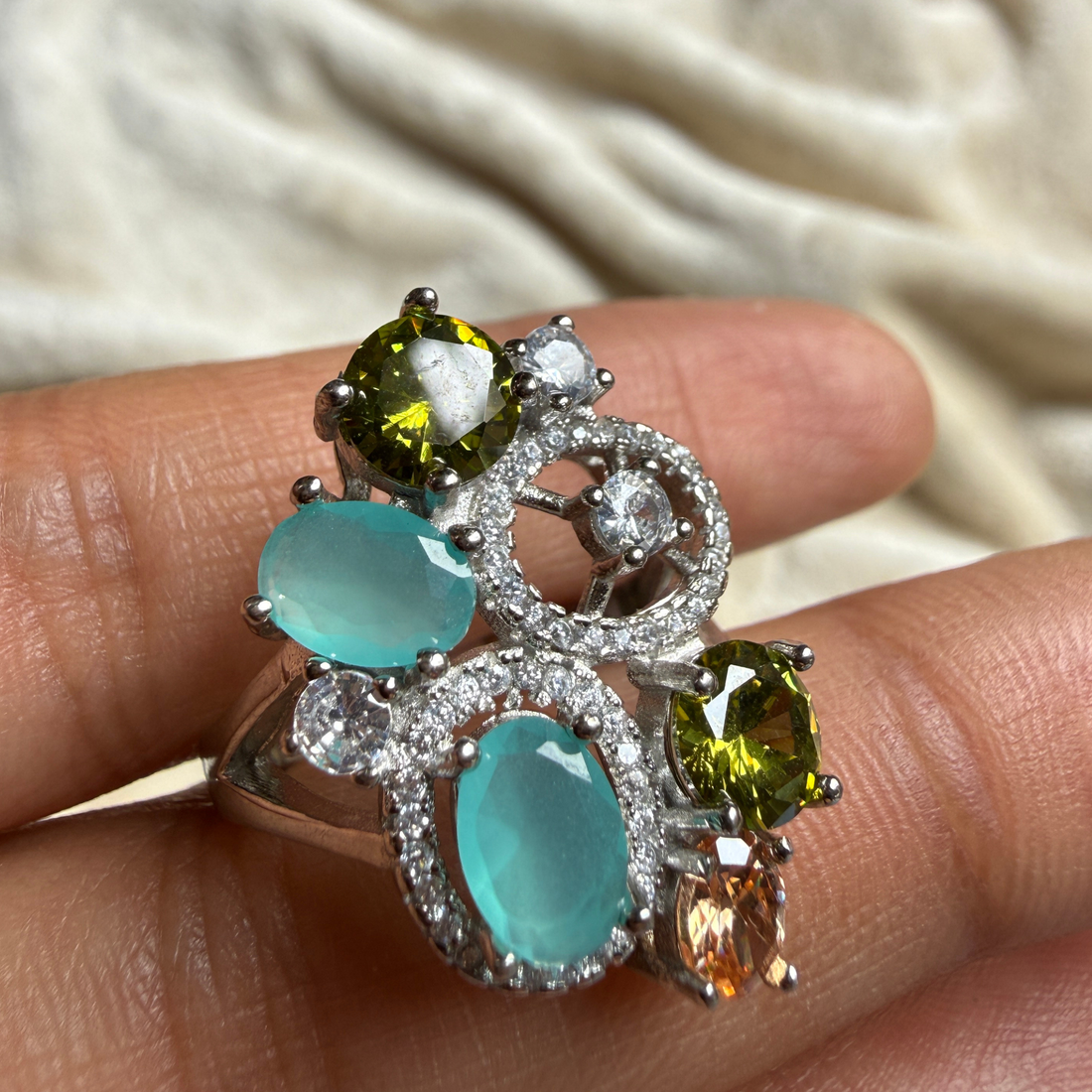 Multicolor gemstone and lab-grown diamond statement ring by Kiashaa Jewellery.