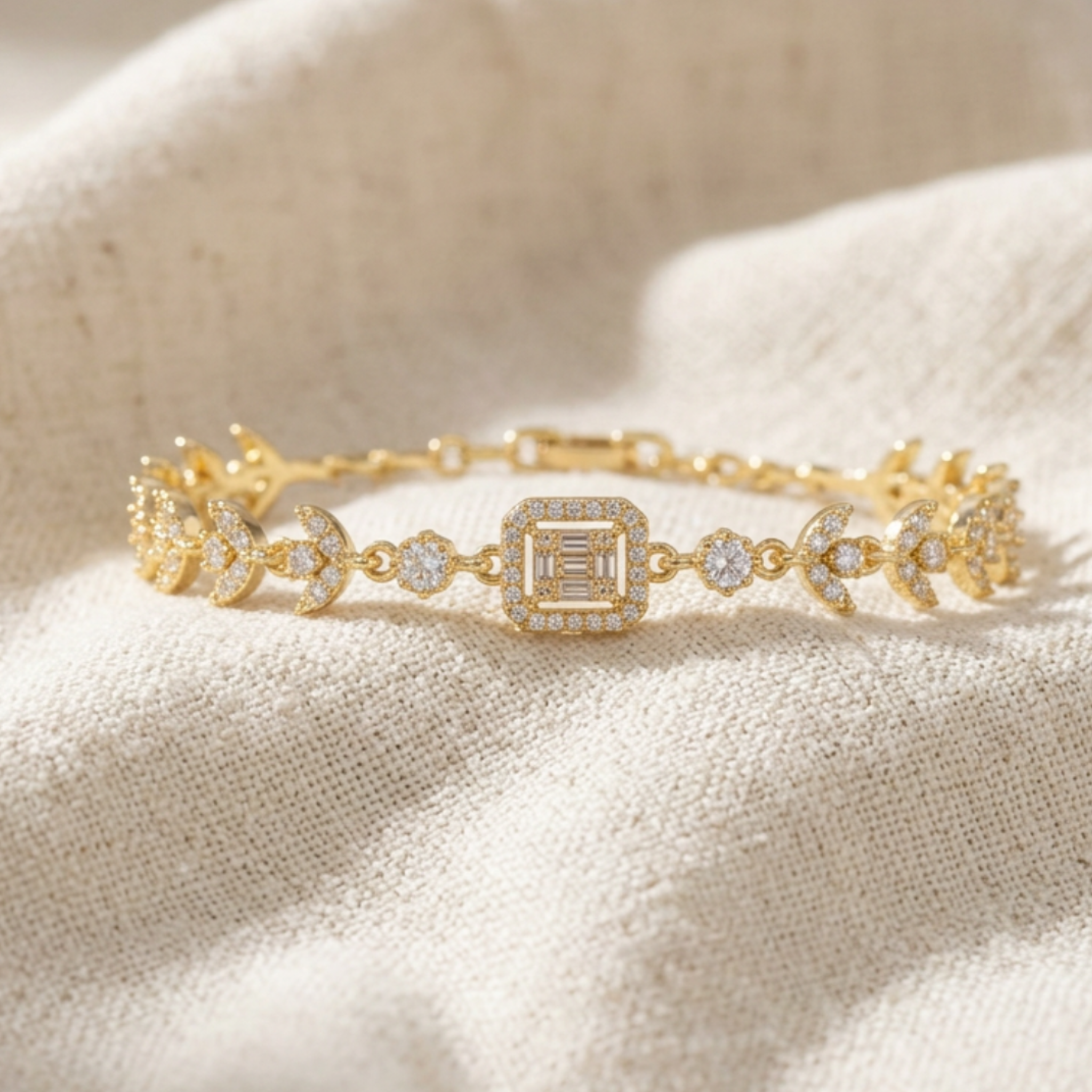 A delicate gold bracelet with a central emerald-cut diamond and surrounding pavé diamonds, displayed on a textured beige fabric background.