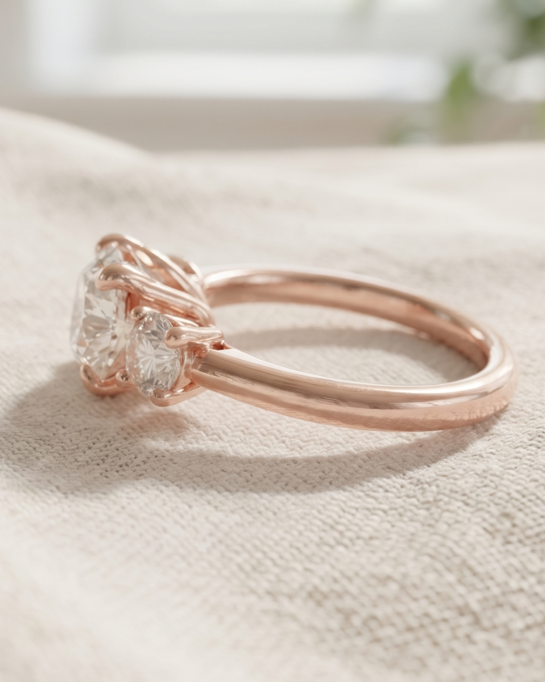 Ladies round center diamond ring by Kiashaa Jewellery with oval side stones in an elegant rose gold setting.