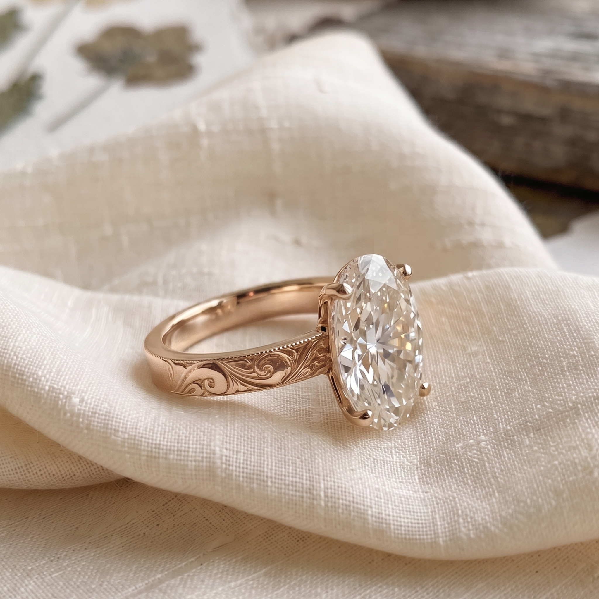 Vintage-Inspired 3 CT Oval Diamond Engraved Solitaire Ring in 14K & 18K Gold
