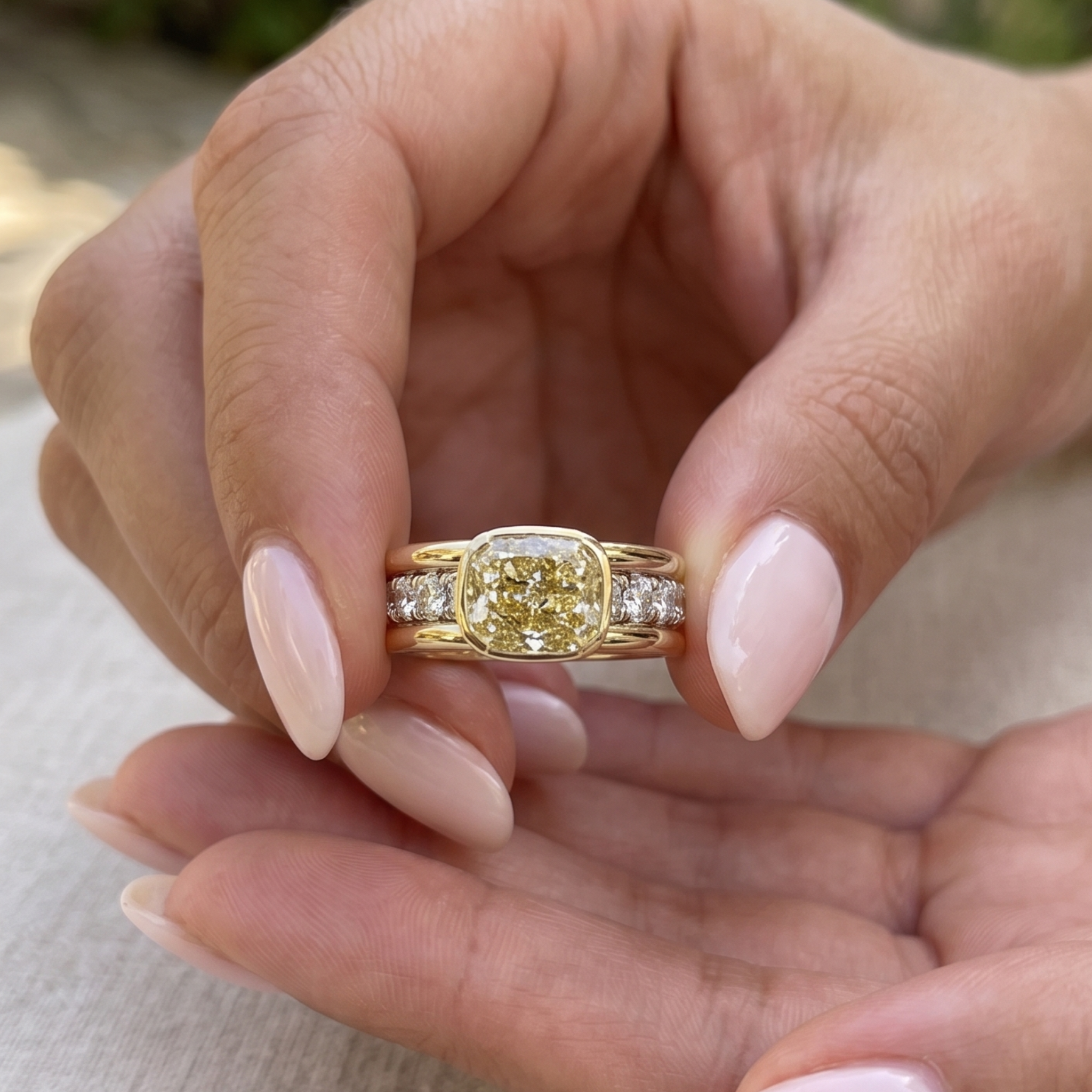 Golden Majesty 3.20 CTW Cushion Yellow Gemstone & Round Diamond Ring