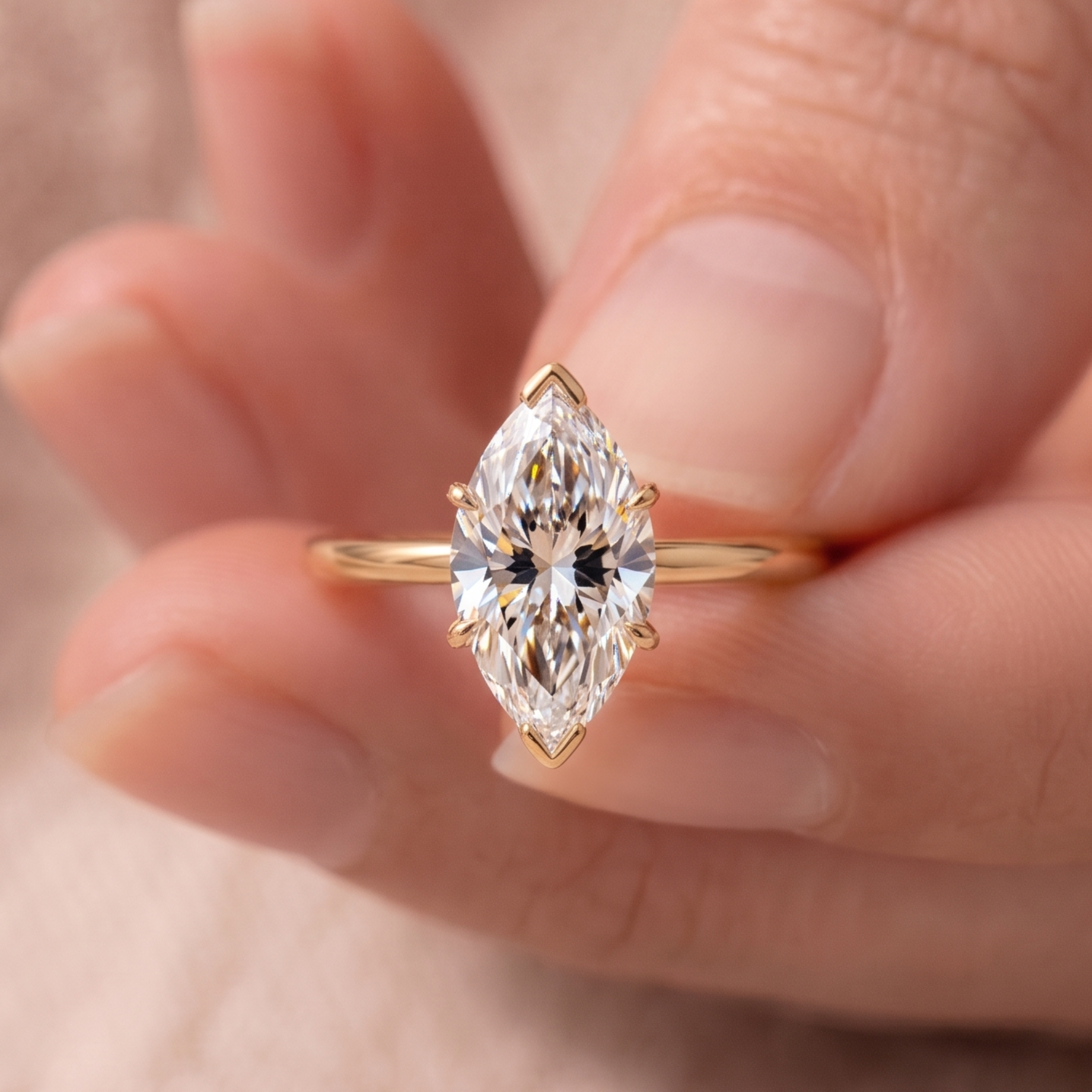 Minimalist marquise diamond proposal ring with polished gold band
