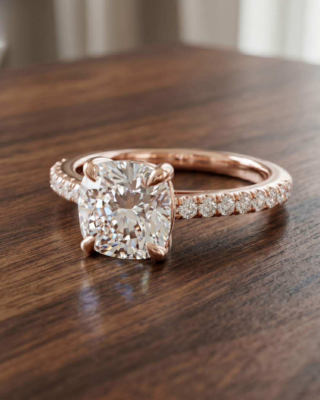 Cushion-cut engagement ring with round diamonds on a slim polished gold band.