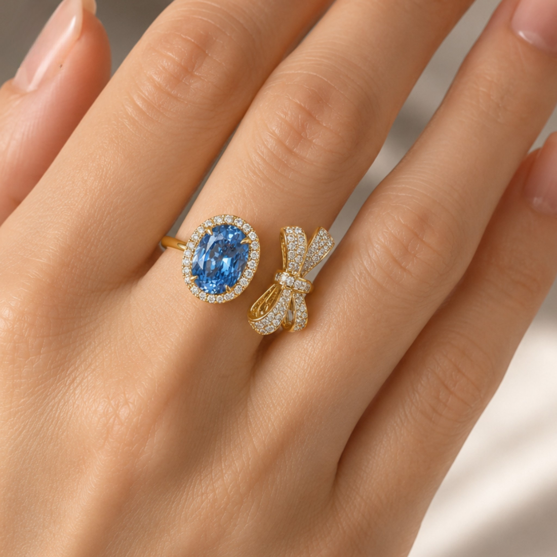 A close-up of a hand wearing two yellow gold rings: one with an oval-cut blue gemstone surrounded by small clear stones, and the other with a bow-shaped setting also paved with clear stones.