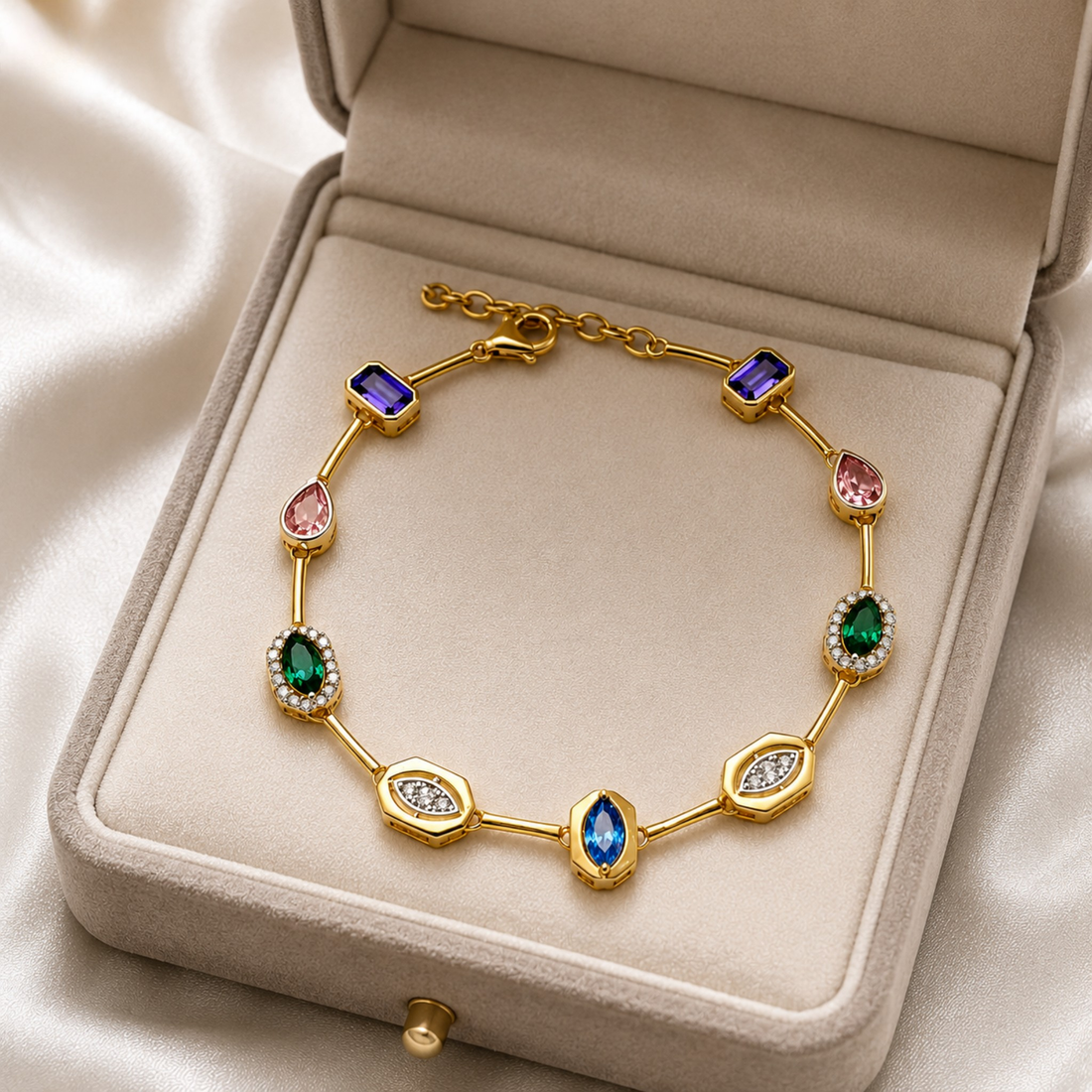A gold bracelet with colorful gemstone accents displayed inside an open beige jewelry box on a satin fabric background.