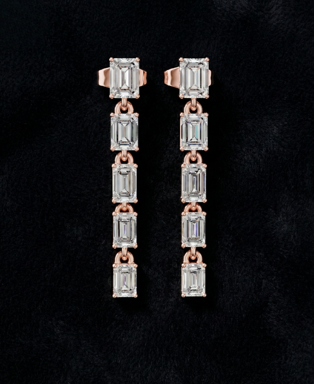 Ladies emerald-cut lab-grown diamond earrings by Kiashaa Jewellery with secure post and push-back closures.