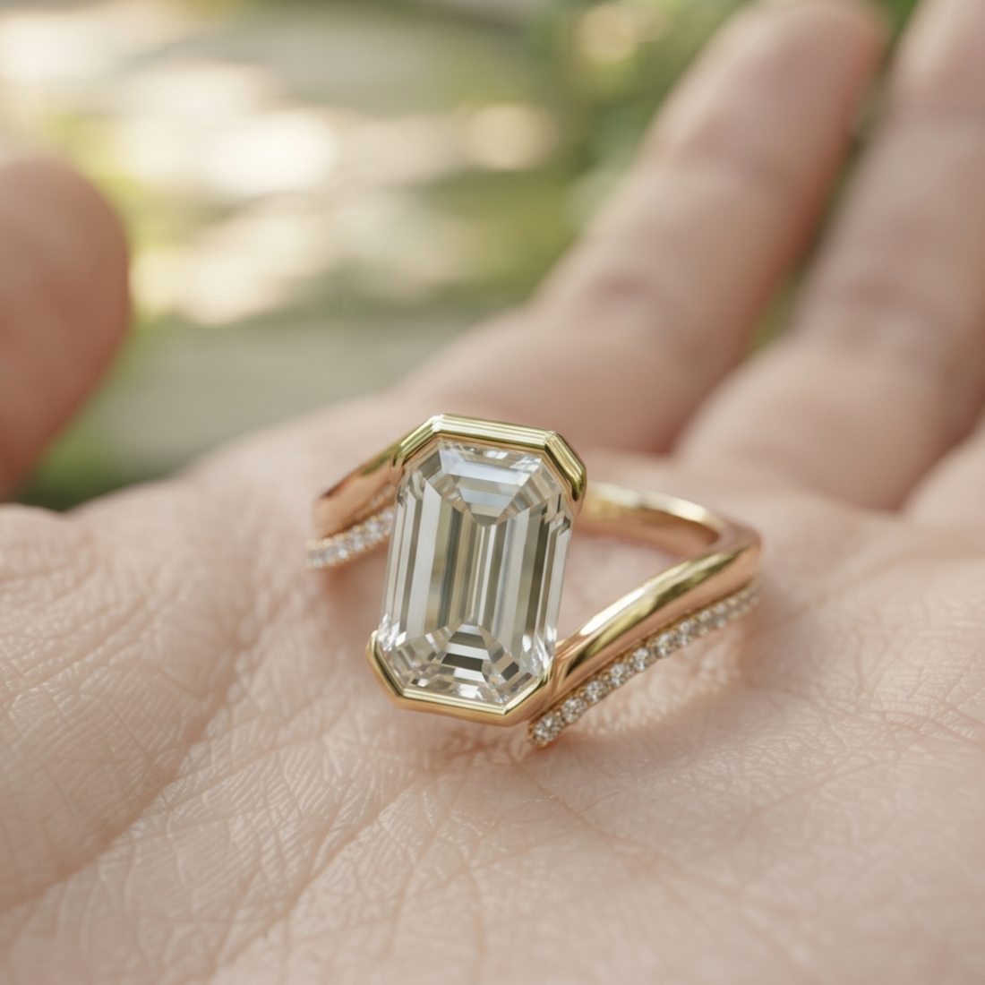 2 CT Emerald-Cut Diamond Bypass Ring with Pavé Accents in 14K & 18K Gold