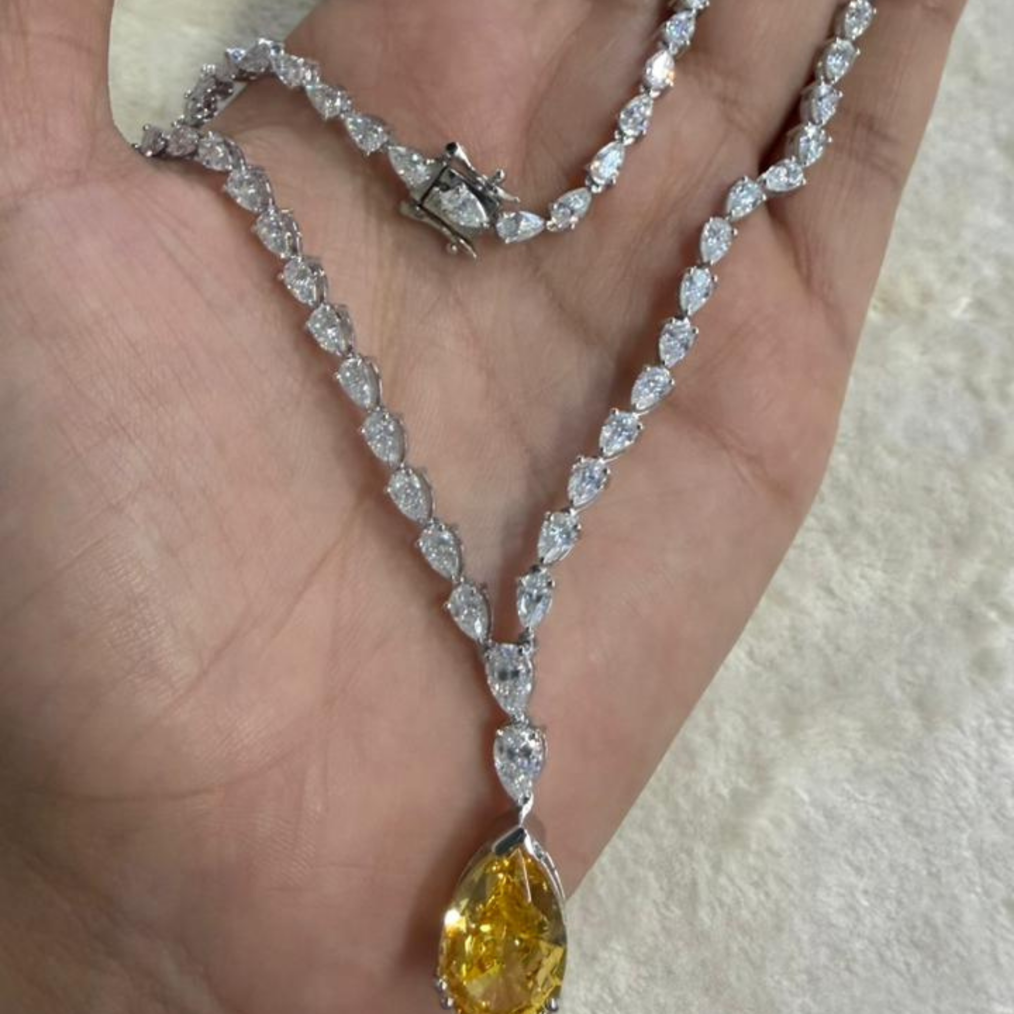 Royal Pear Cascade 27.59 CTW Diamond Tennis Necklace with Yellow Pear Drop in 9K, 14K & 18K Gold