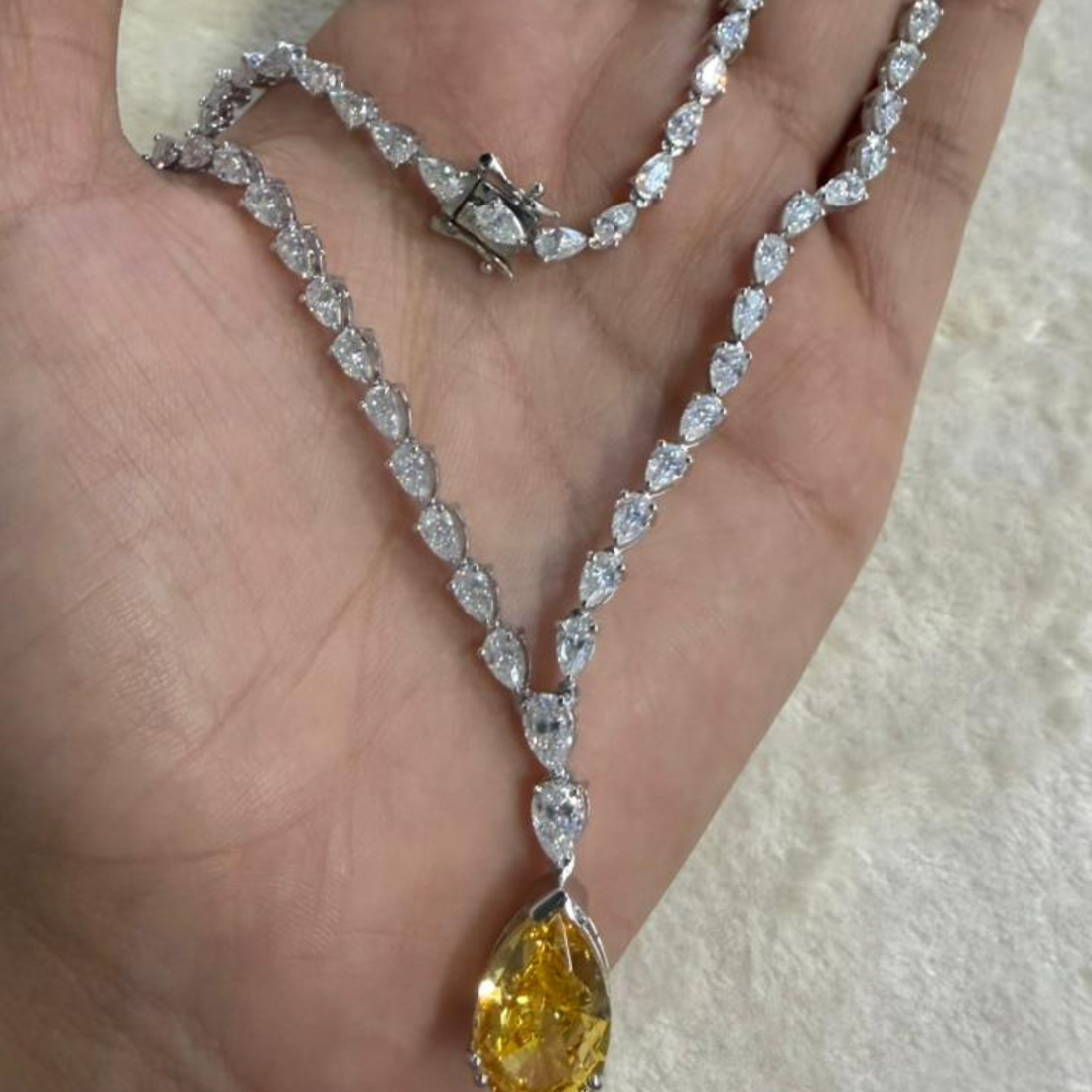 Royal Pear Cascade 27.59 CTW Diamond Tennis Necklace with Yellow Pear Drop in 9K, 14K & 18K Gold