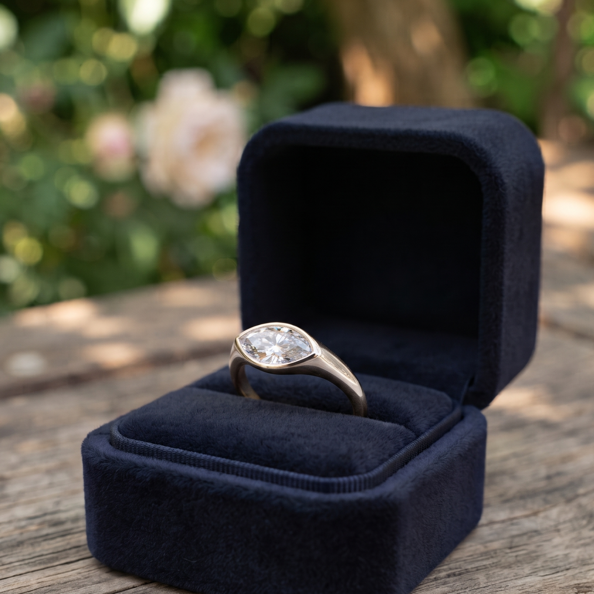 Kiashaa Jewellery 1.76 CT marquise bezel diamond ring in polished yellow gold.
