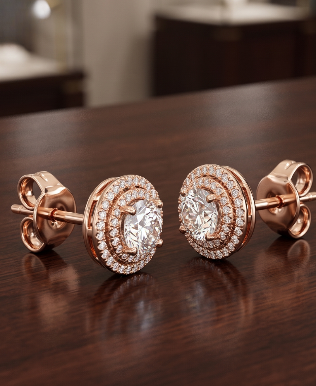 Ladies round halo diamond stud earrings with push-back closures in rose gold.