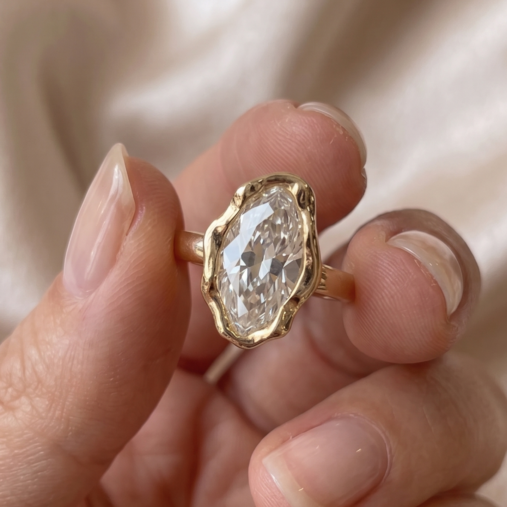 Elongated marquise diamond solitaire with polished organic bezel design