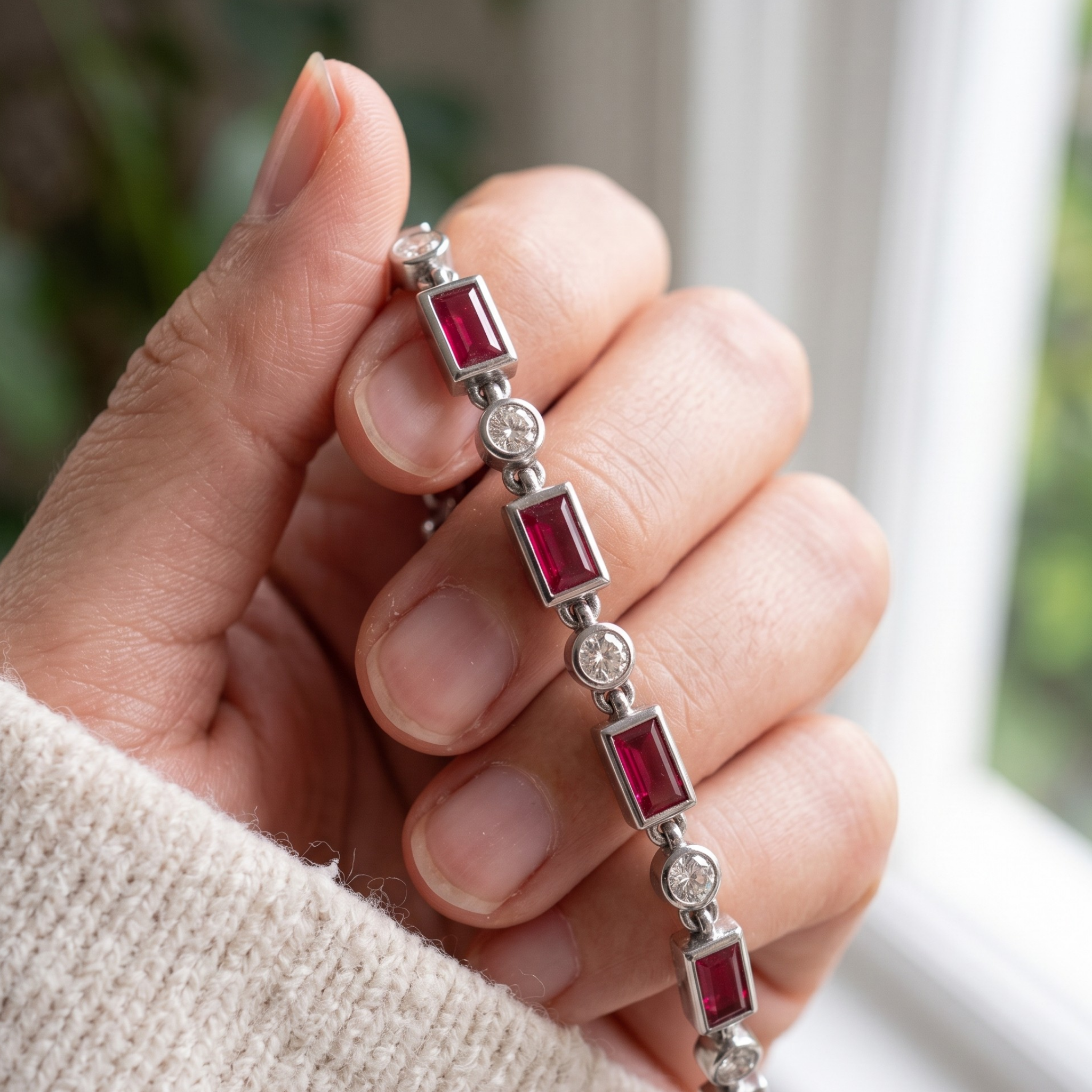 Kiashaa Jewellery 1.91 CTW red baguette and round diamond bracelet in polished yellow gold.