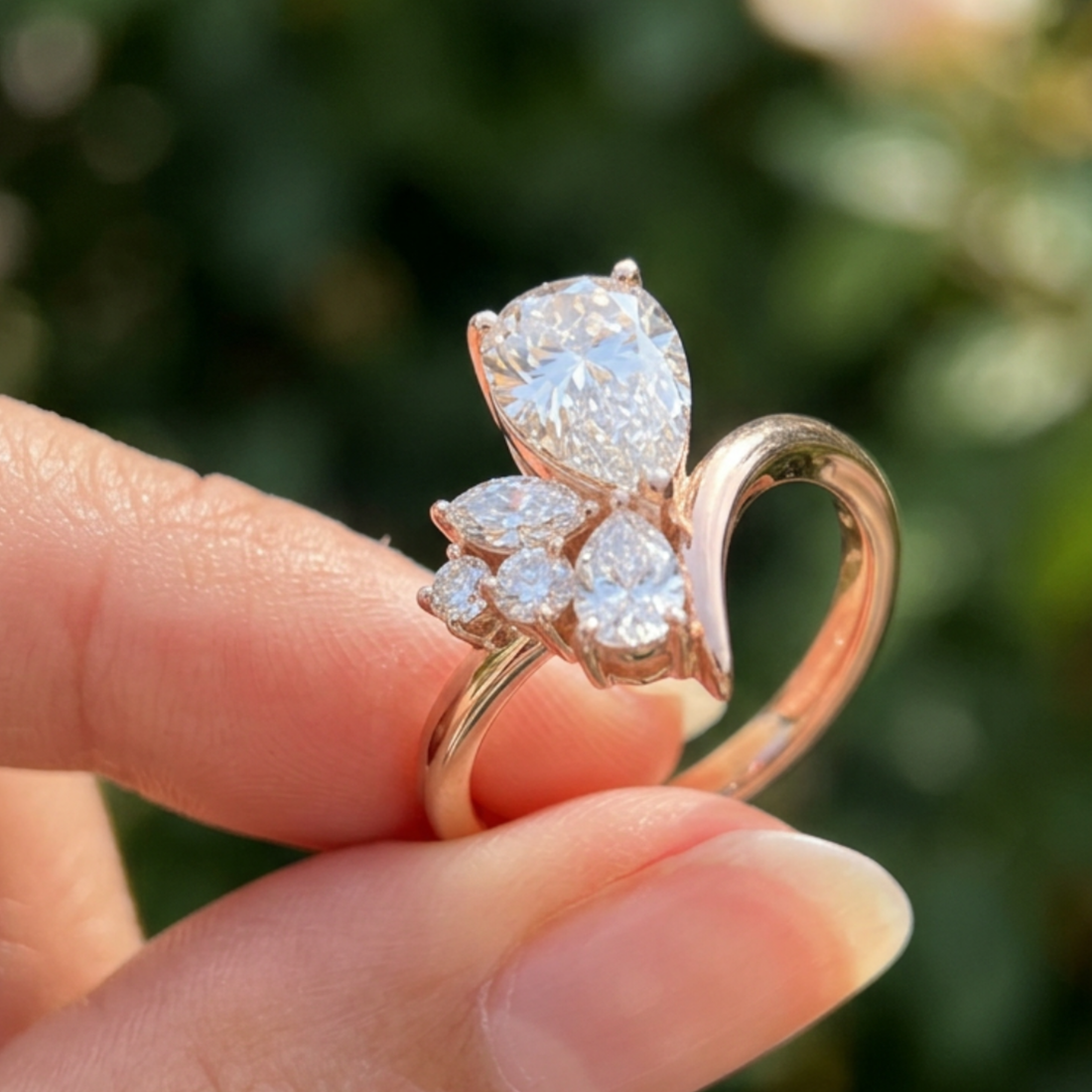Flora Embrace 3 CTW lab-grown diamond ring by Kiashaa Jewellery with a 2 CT pear center and multi-shape side diamonds.