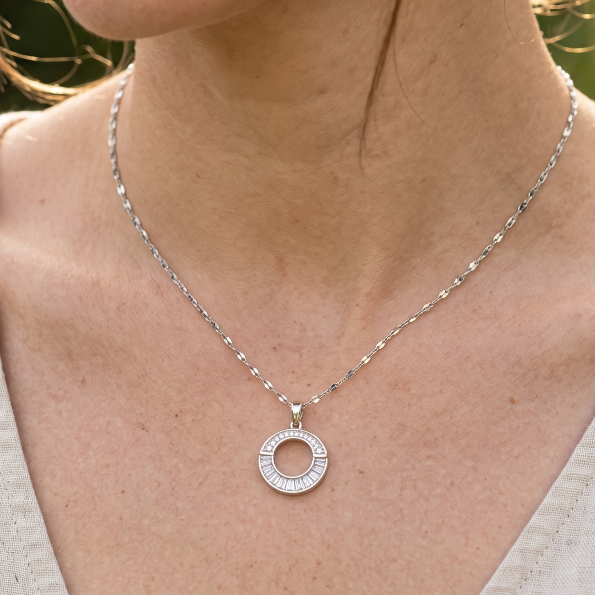 Eternal Halo 1.24 CTW Round & Baguette Diamond Circle Pendant Necklace
