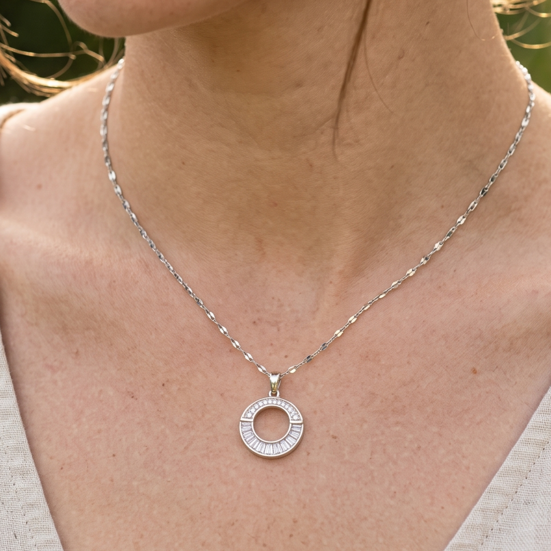 Eternal Halo 1.24 CTW Round & Baguette Diamond Circle Pendant Necklace
