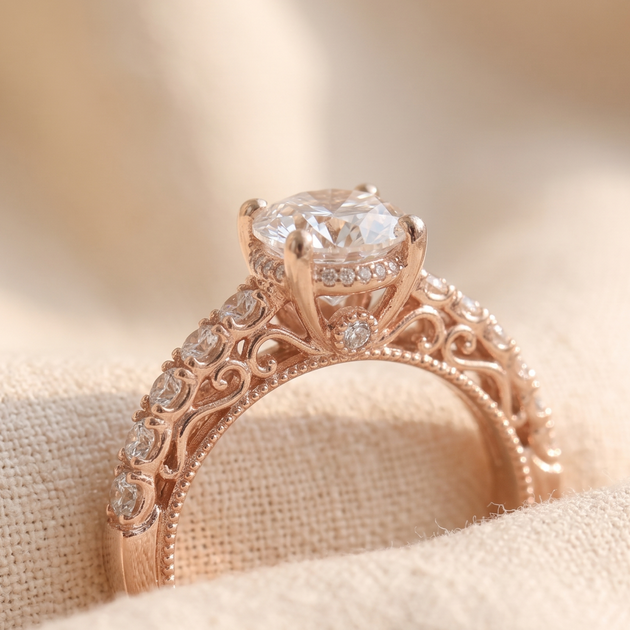 Kiashaa Jewellery 2.524 CTW vintage round diamond engagement ring in polished rose gold.