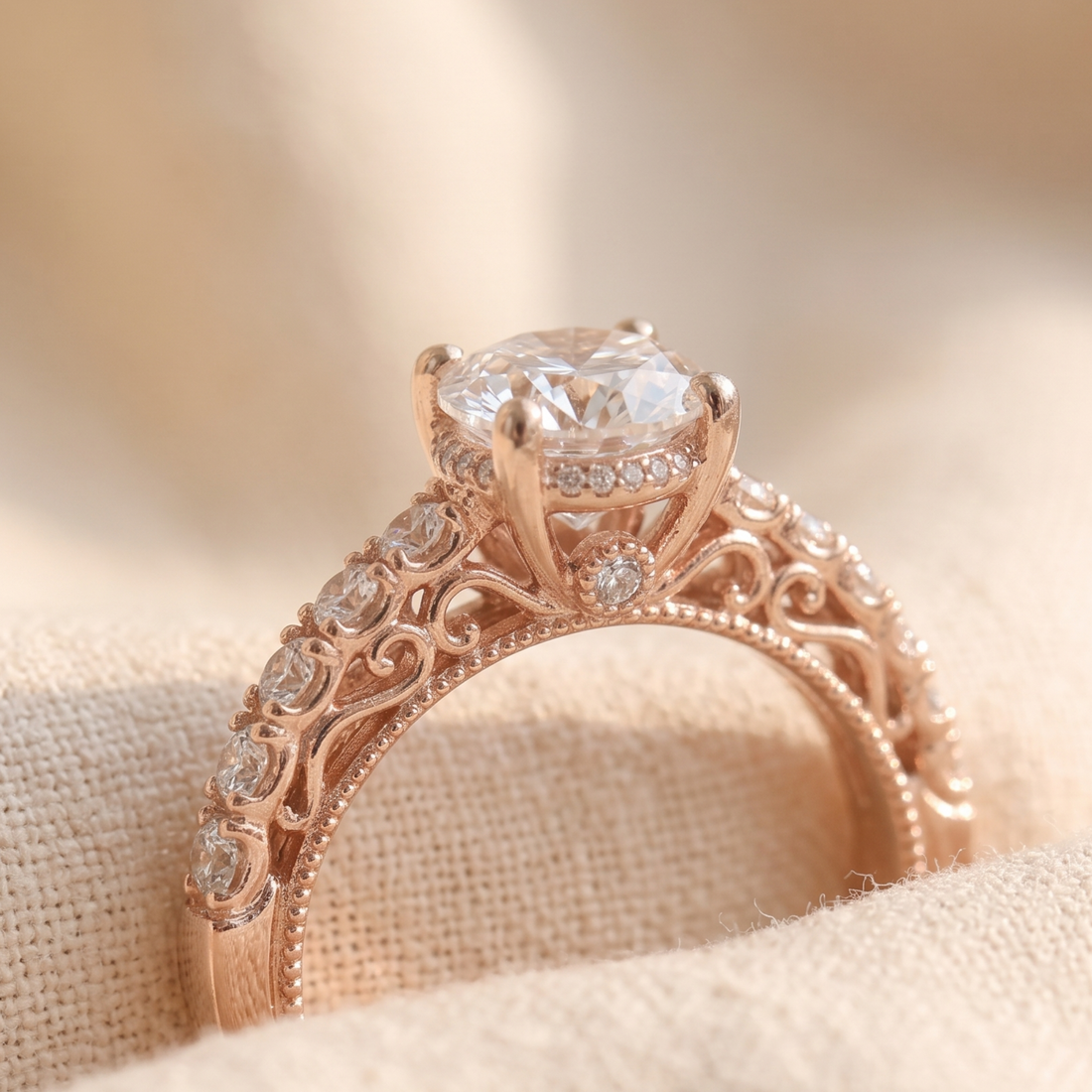 Kiashaa Jewellery 2.524 CTW vintage round diamond engagement ring in polished rose gold.