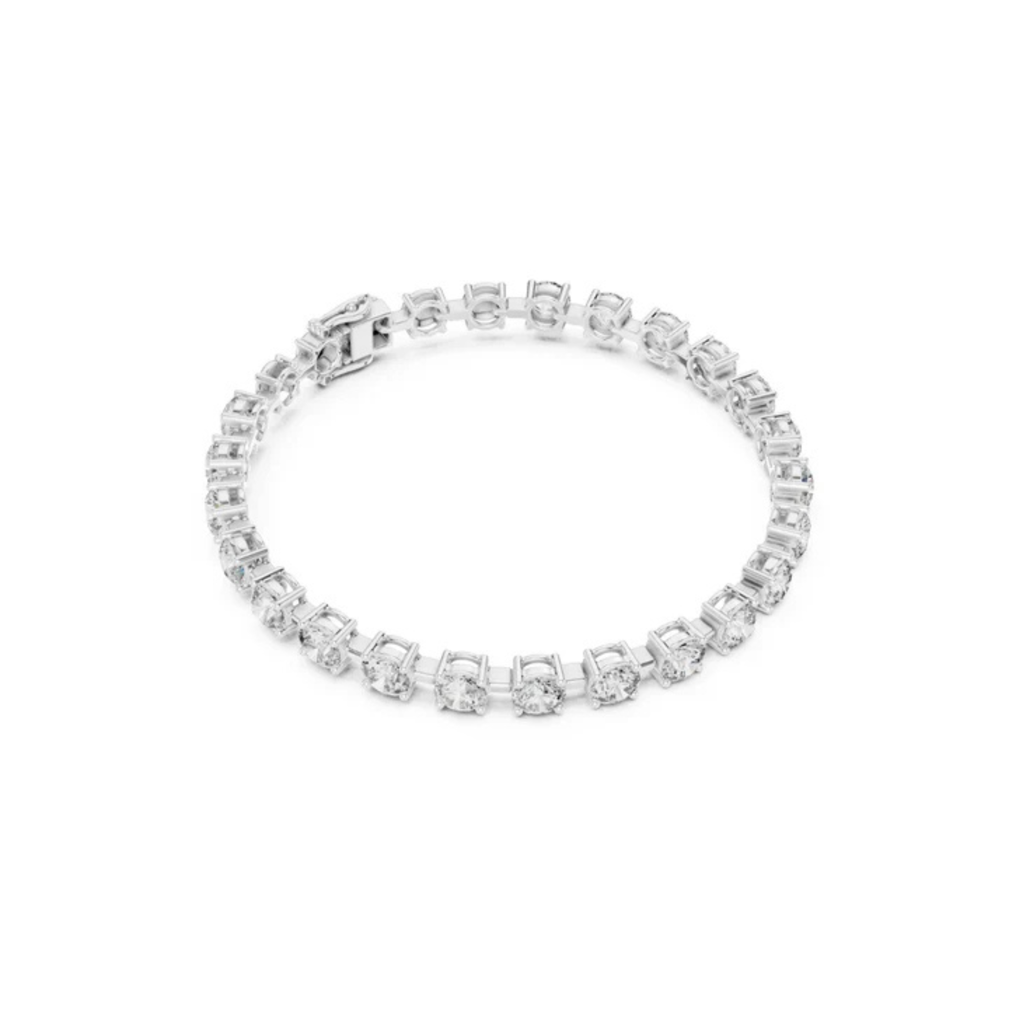 A silver tennis bracelet with a continuous row of clear square-cut gemstones in a prong setting, displayed on a clean white background.