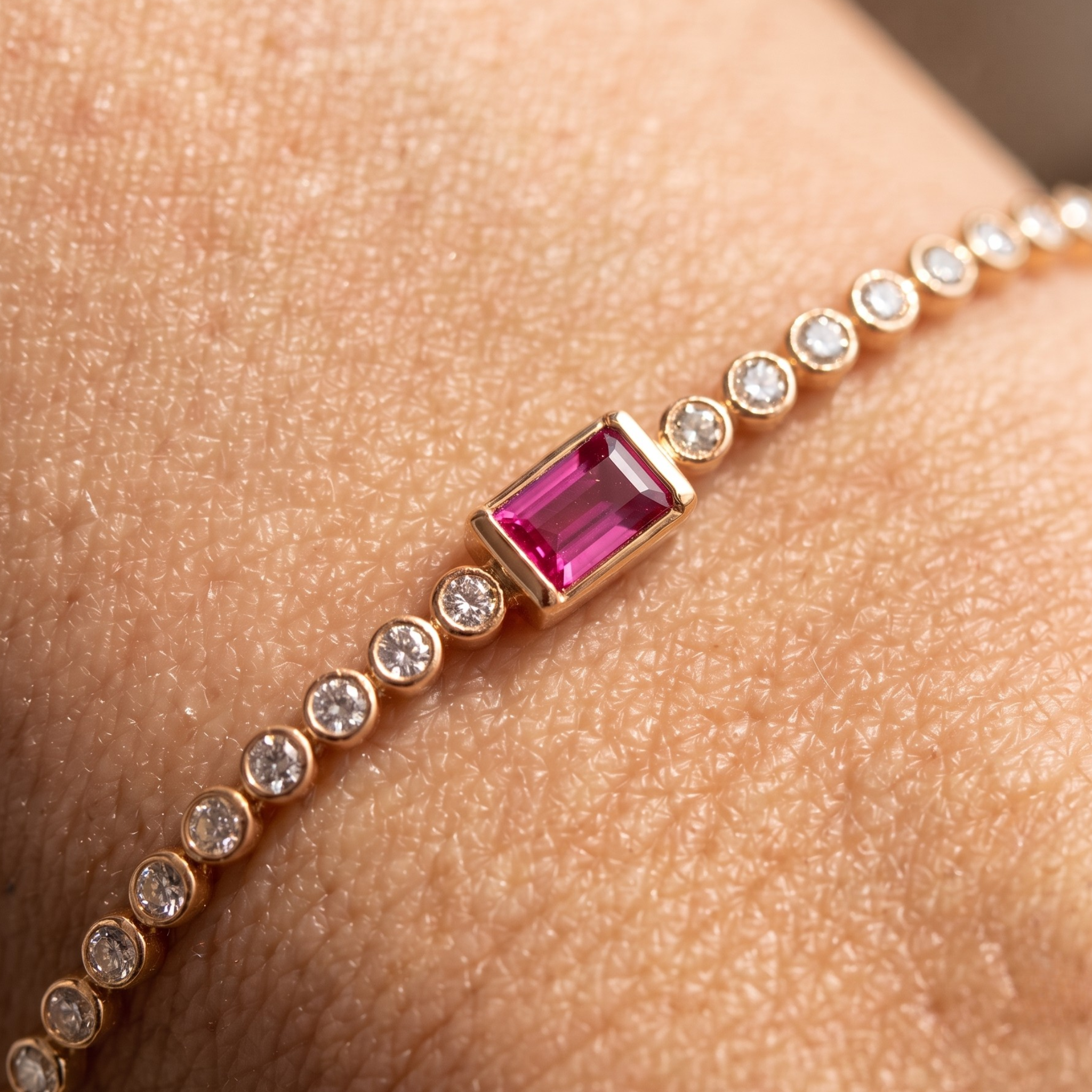 Kiashaa Jewellery 1.75 CTW diamond tennis bracelet with pink baguette center stone in yellow gold.