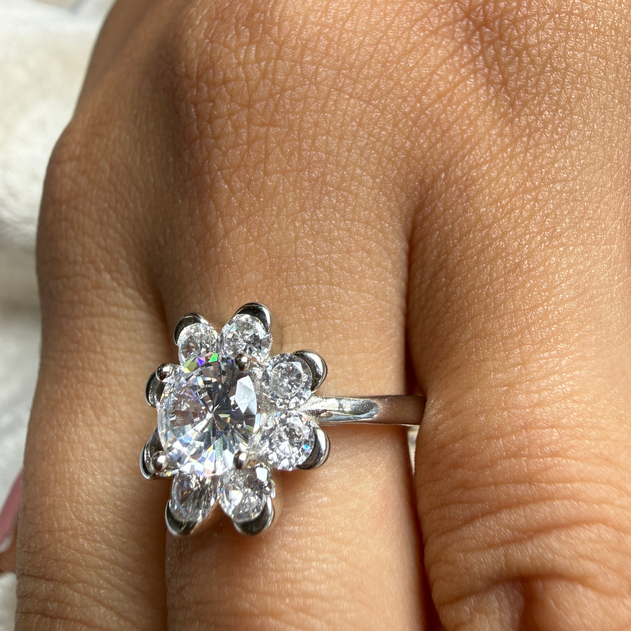 Round floral lab-grown diamond cluster ring in white gold by Kiashaa Jewellery.