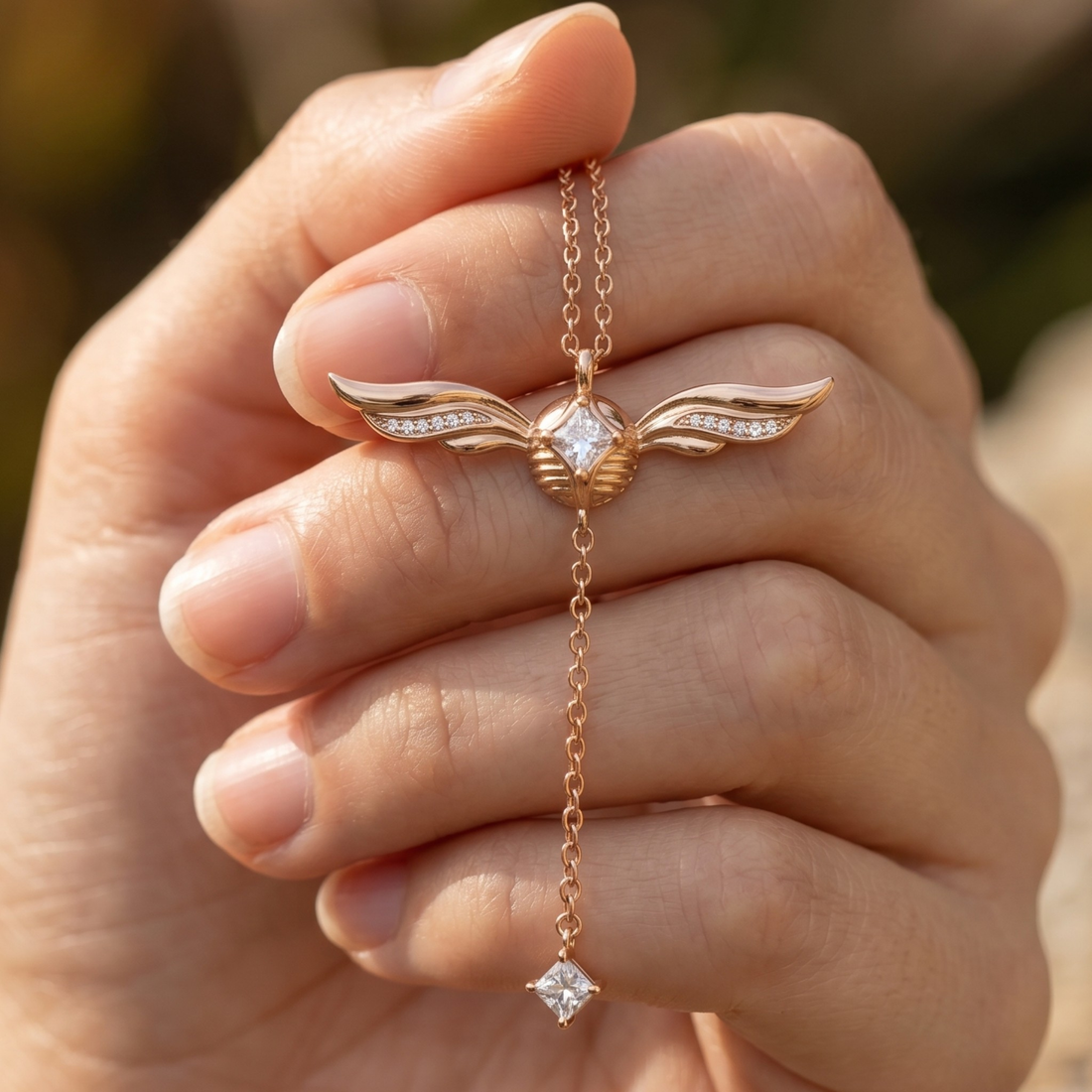 A close-up of a hand holding a rose gold wing pendant necklace with clear gemstones, set against a soft, blurred outdoor background.