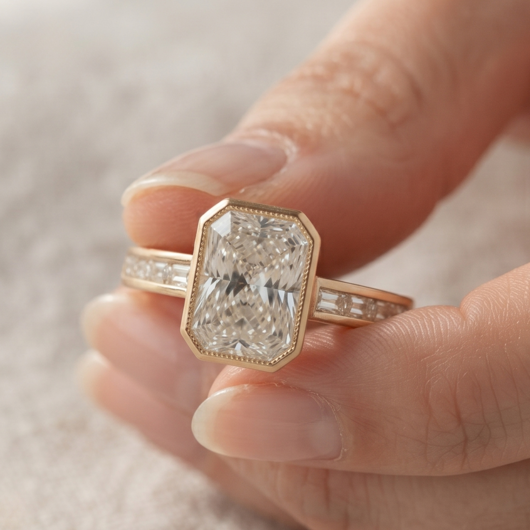 Kiashaa Jewellery 2.89 CTW radiant and baguette diamond ring in polished yellow gold.