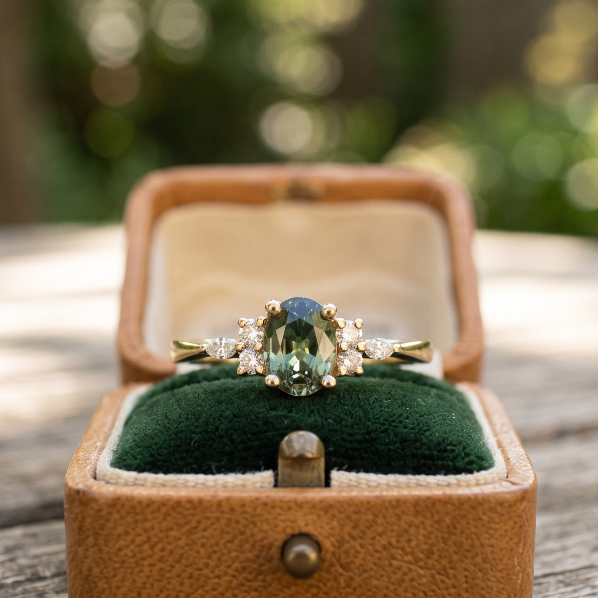 Kiashaa Jewellery 2.664 CTW green oval diamond ring in polished yellow gold.