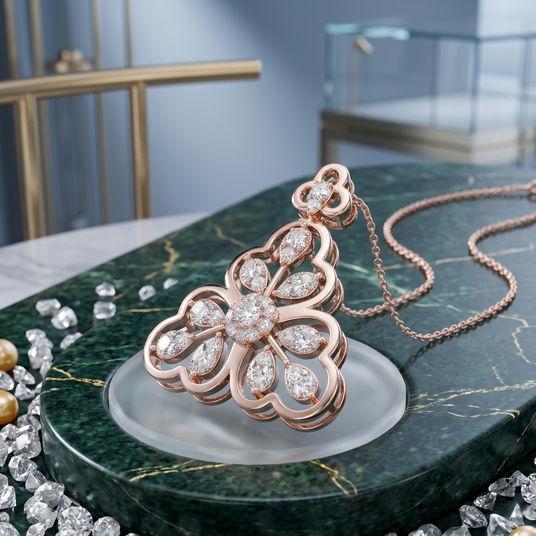 Rose gold floral pendant necklace with clear gemstones, displayed on a green marble tray with scattered diamonds in a luxury jewelry setting.