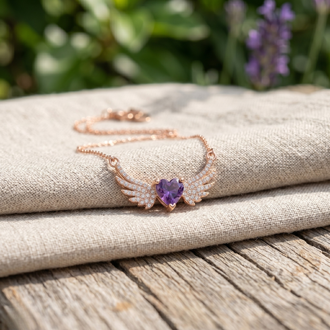 Purple heart gemstone angel wing pendant necklace in rose gold by Kiashaa Jewellery.