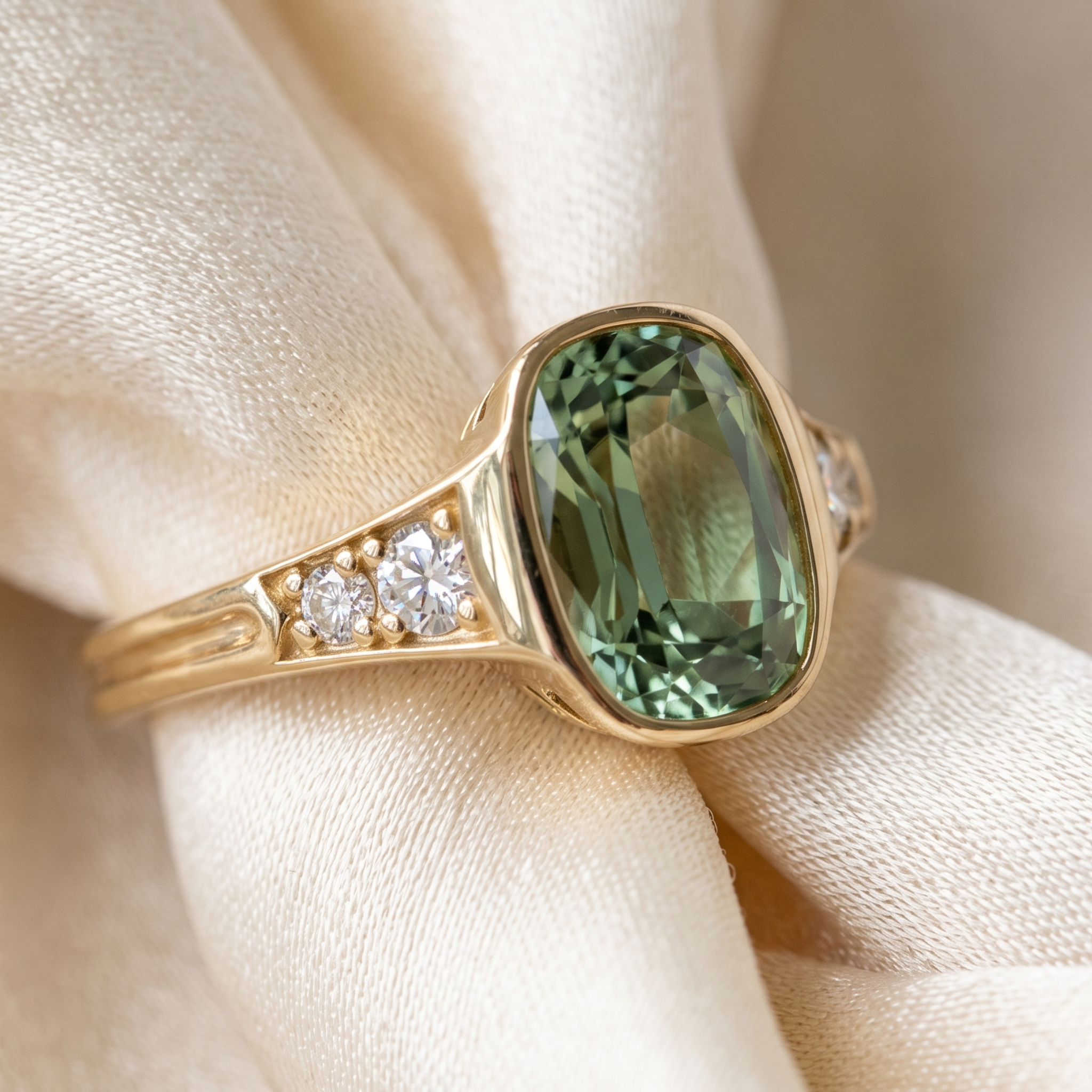 Bezel green cushion ring with symmetrical round diamond side accents