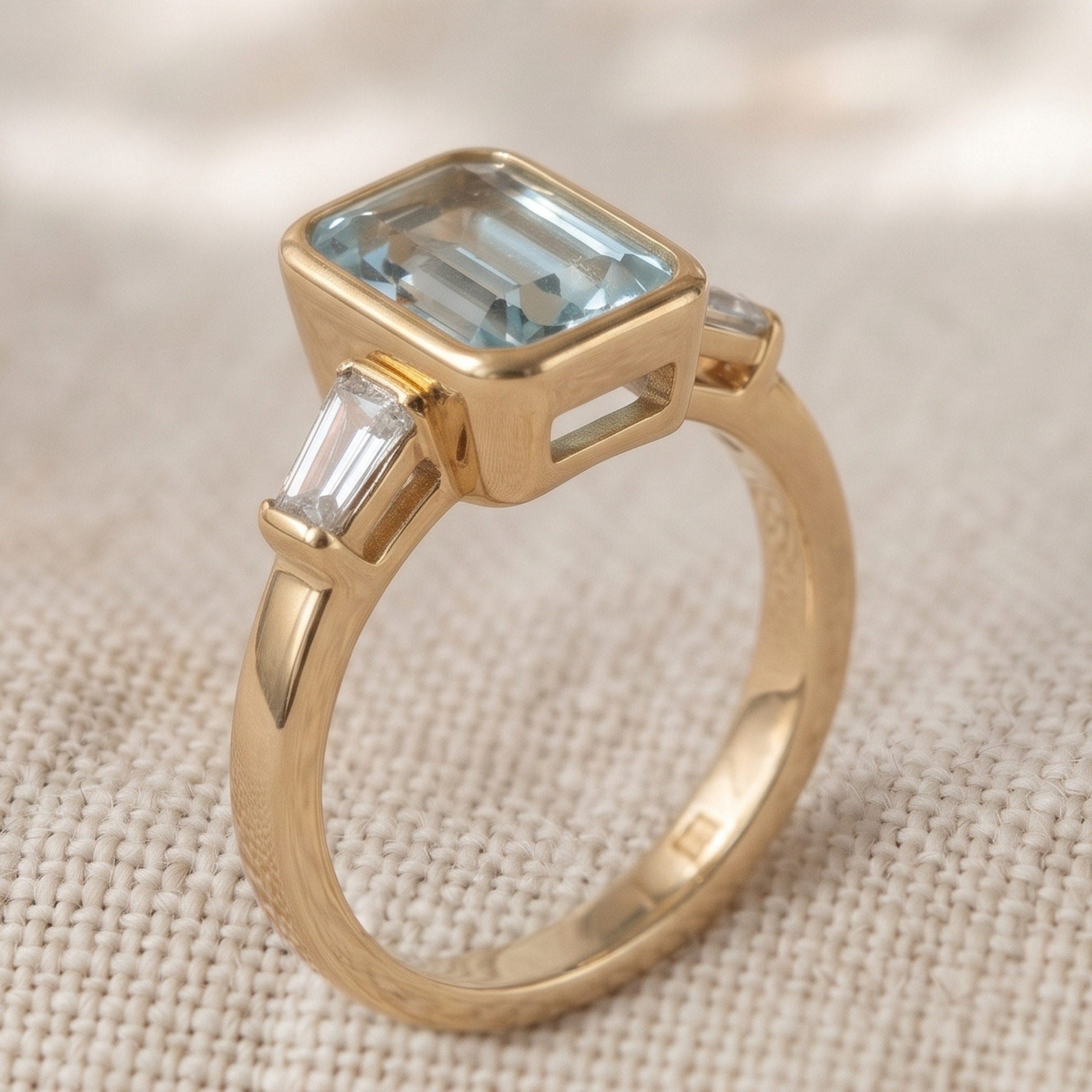 Aqua Cushion 1.351 CTW Cushion & Tapered Baguette Three-Stone Ring in 9K, 14K & 18K Gold
