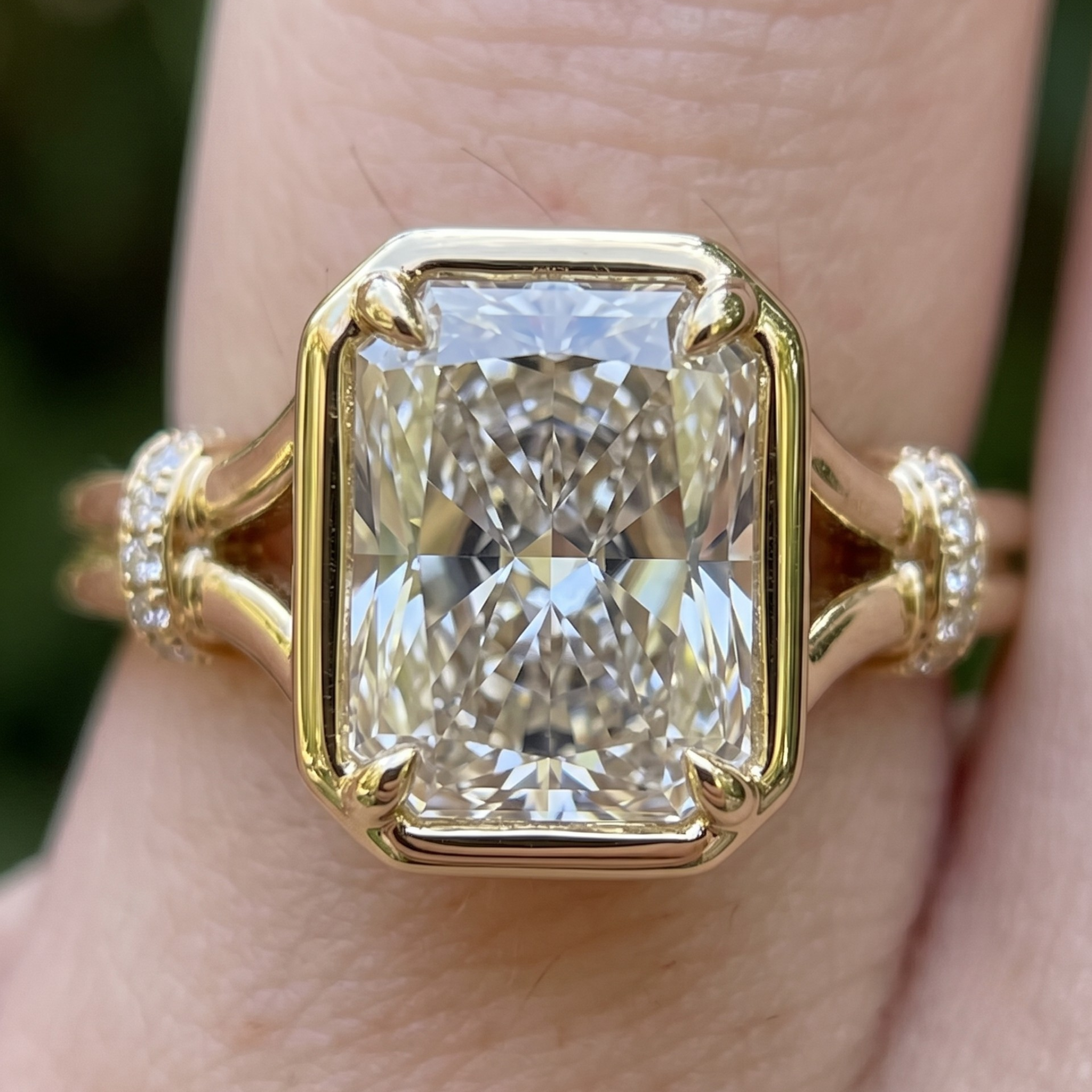 Regal Arc 2.12 CTW radiant diamond ring by Kiashaa Jewellery in polished yellow gold.