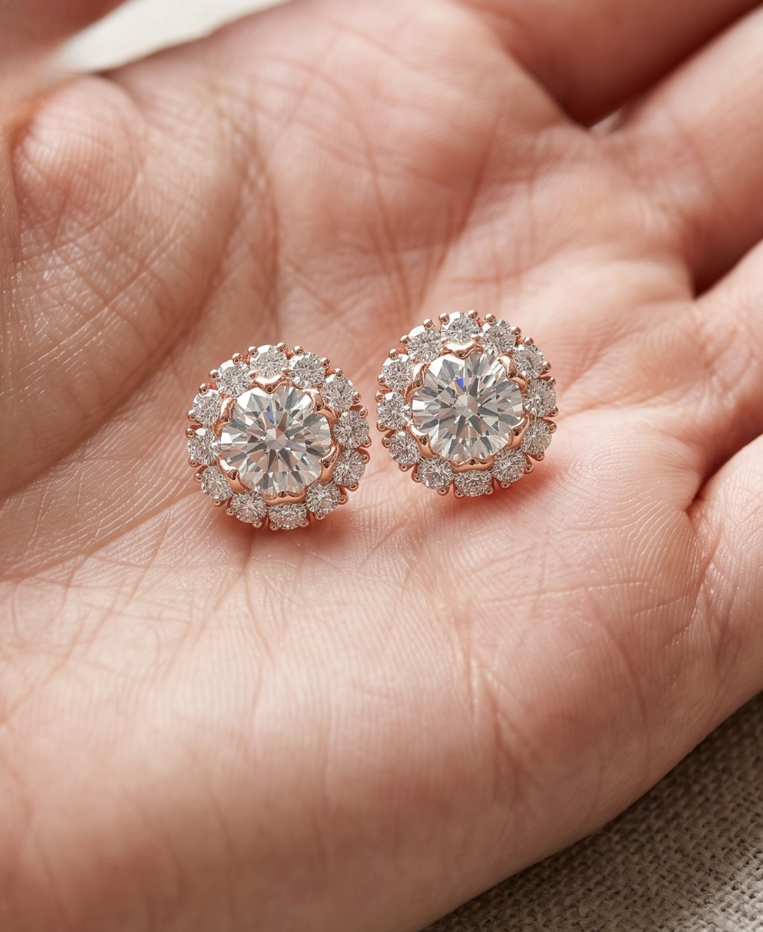 Ladies round halo diamond stud earrings with push-back closures in rose gold.