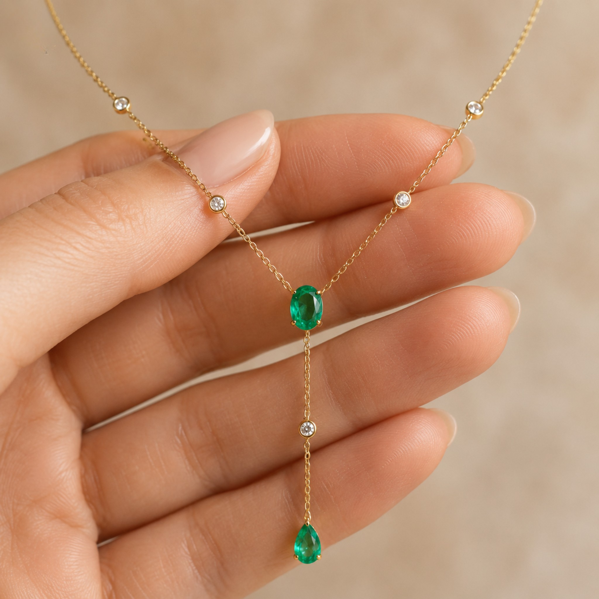 A gold Y-shaped necklace with two green emerald-cut drops and small clear accent stones, held in a person's hand against a soft beige background.