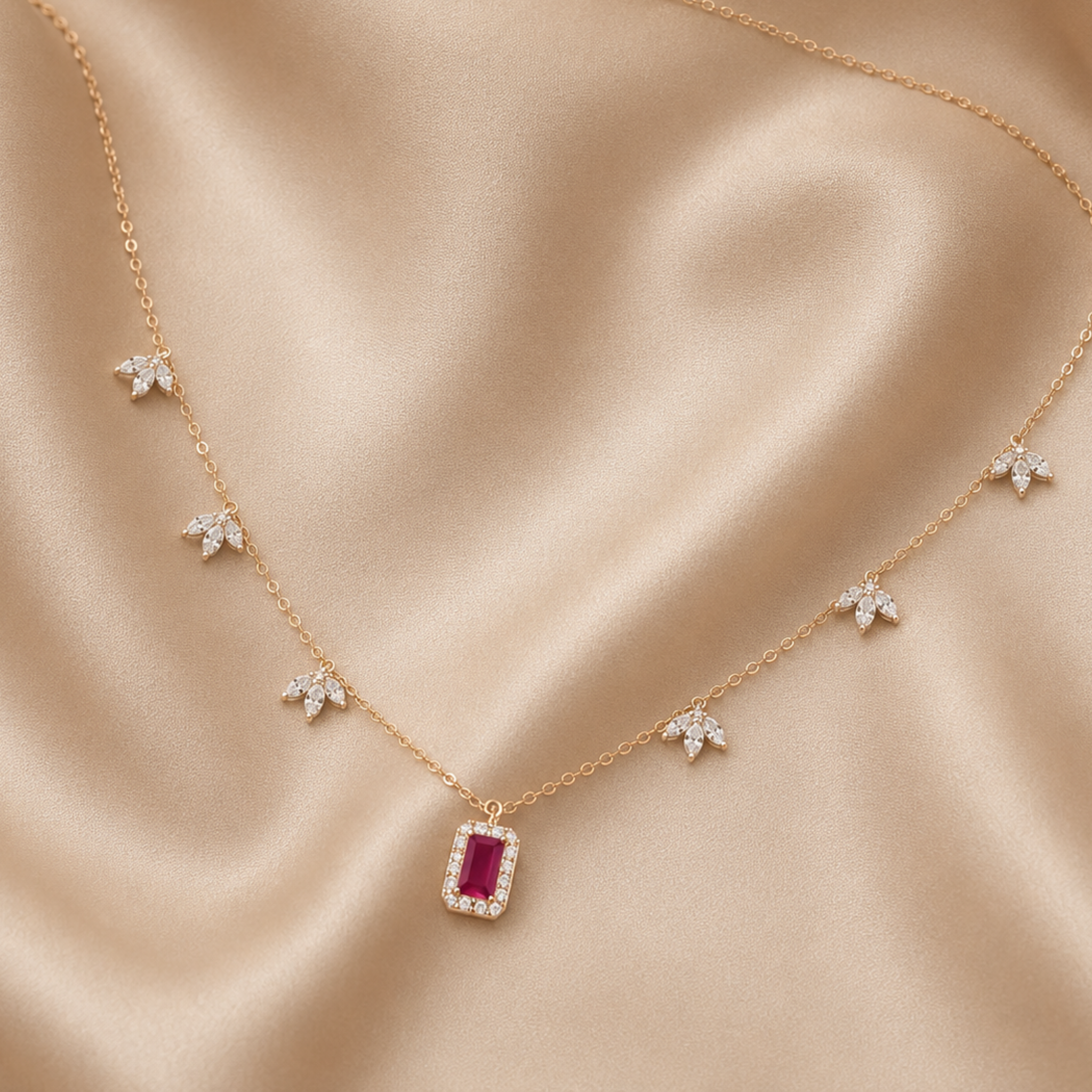 A delicate gold necklace with a central rectangular pink gemstone surrounded by small clear stones, and five small starburst motifs spaced along the chain, displayed on a beige satin fabric background.