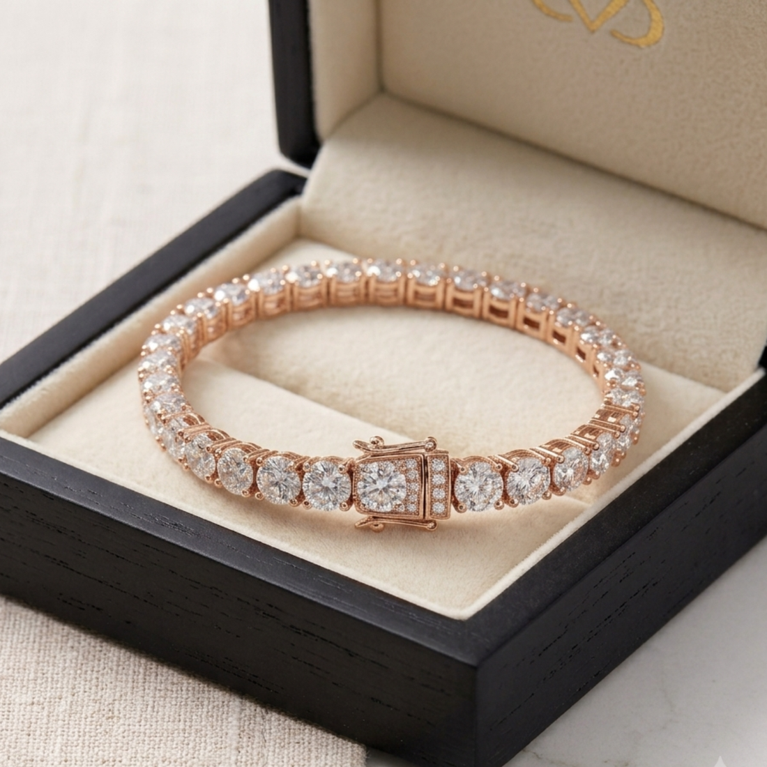 A rose gold tennis bracelet with round-cut clear stones, displayed inside an open black jewelry box with a beige velvet lining.