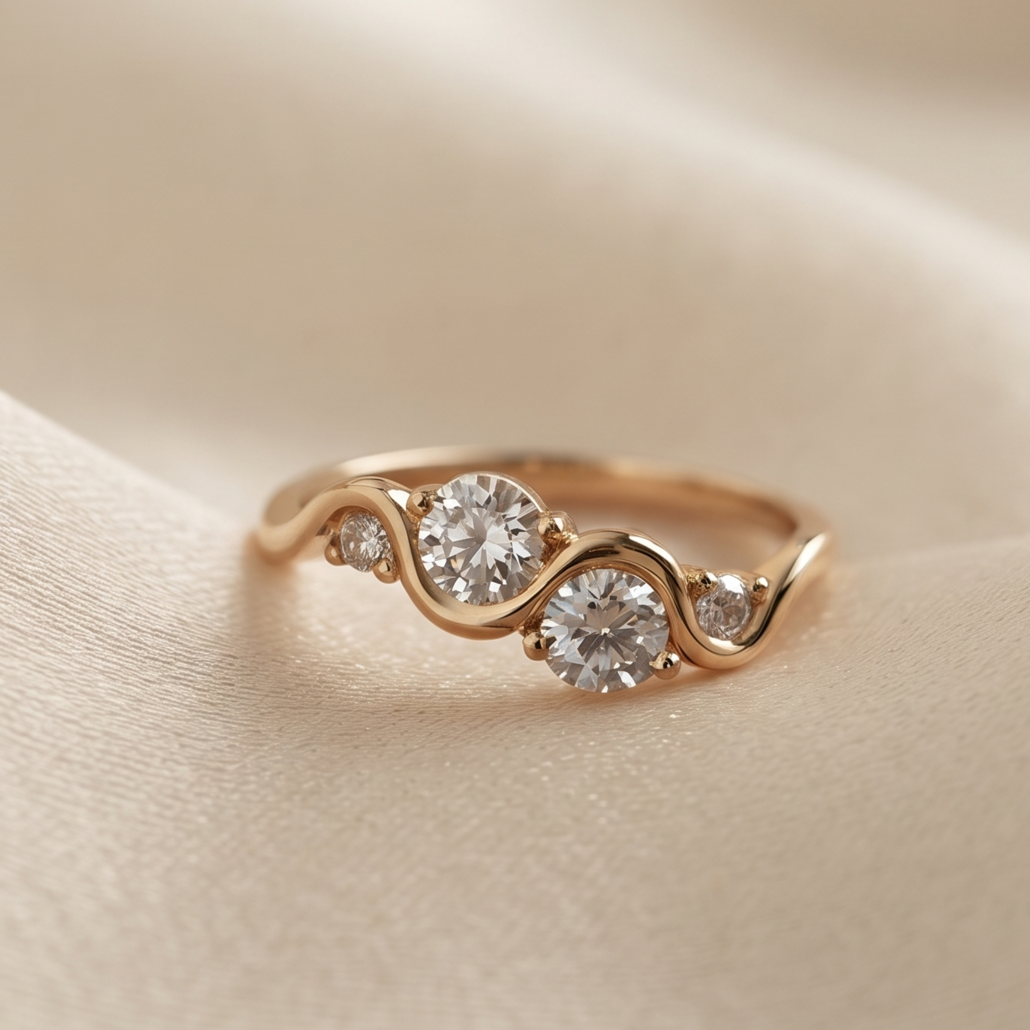 A rose gold ring with three round-cut clear gemstones, set in a wavy design, resting on a soft beige satin fabric background.