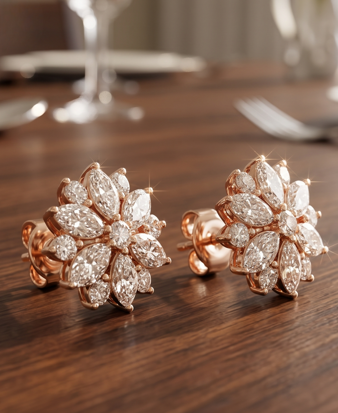 Back view of diamond flower earrings showing the open radial gallery, straight posts, and push-back closures.