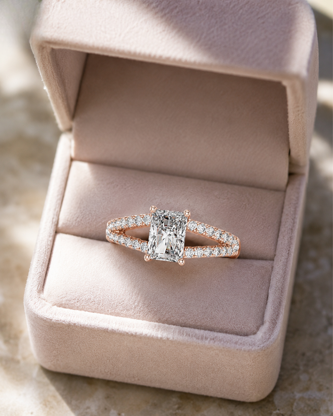 Ladies radiant-cut lab-grown diamond engagement ring by Kiashaa Jewellery with round diamond side accents.
